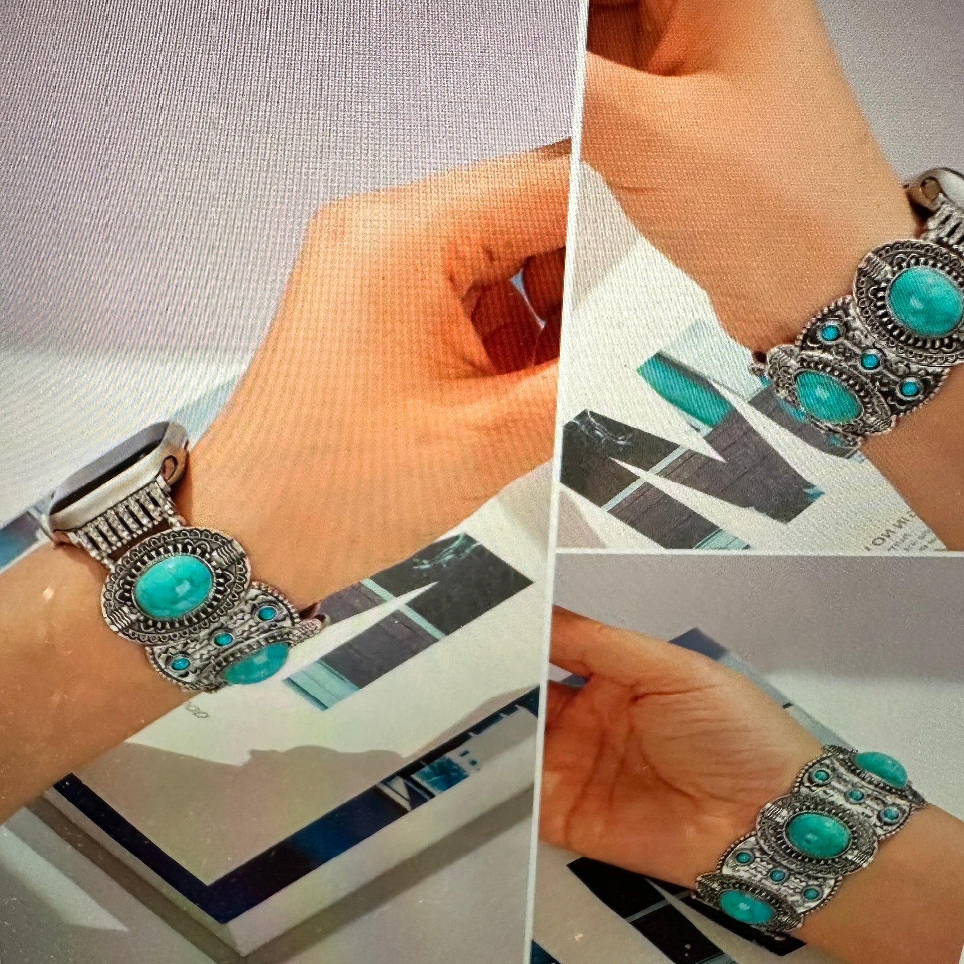 Bohemian Southwestern Turquoise Beaded Apple Watch Band, Elastic Fit for 38-41mm, Quick Shipping & Gift Box Included - Silver Elegant