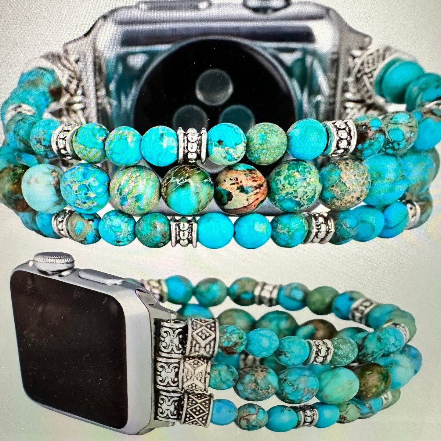 Southwestern Turquoise Beaded Elastic Apple Watch Band for 38-41mm - Fast Shipping & Gift Box Included - Silver Elegant