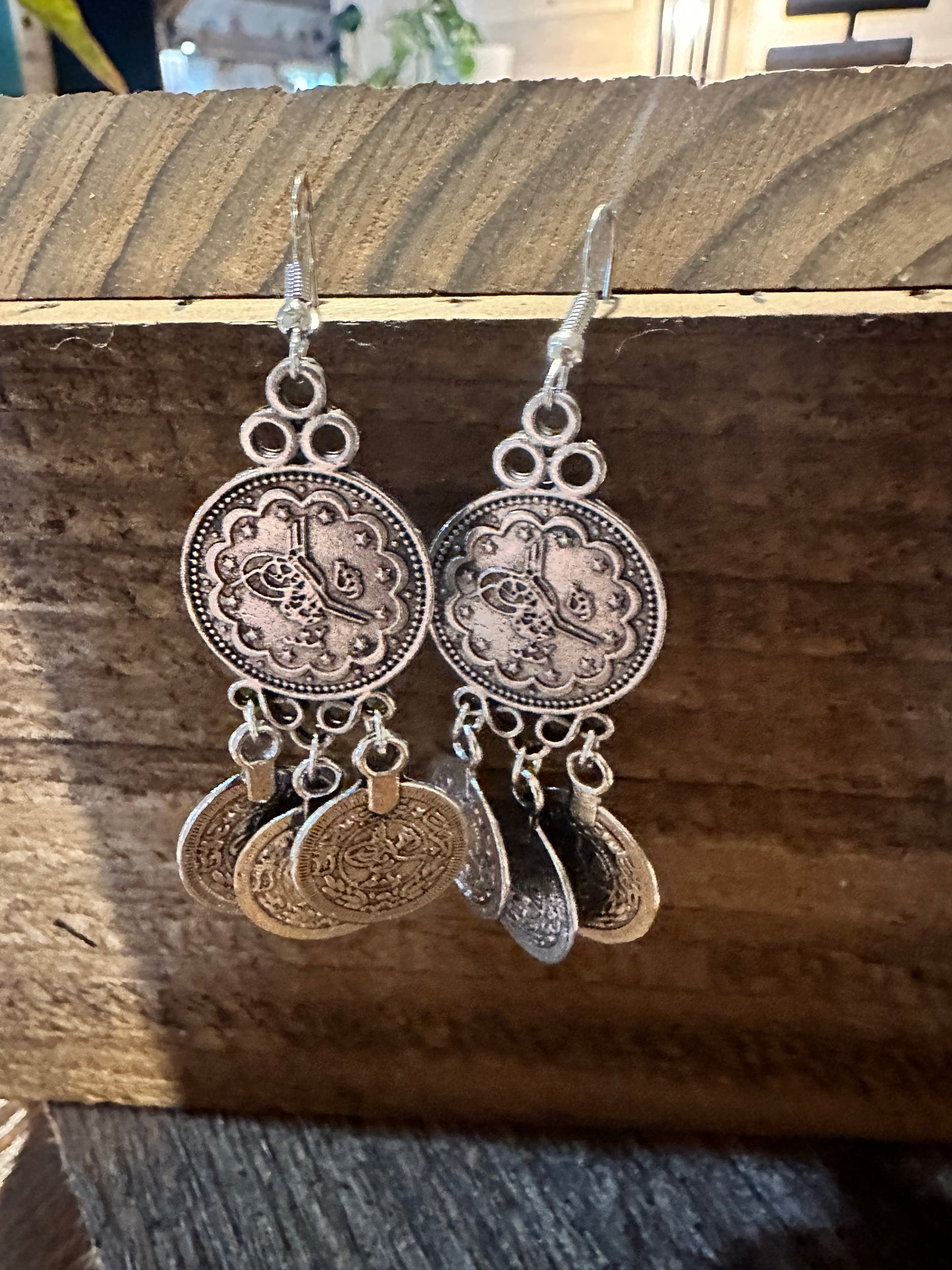 Boho Hippie Vintage Coin Style Dangle Wire Earrings , Gift-Ready Box - Silver Elegant