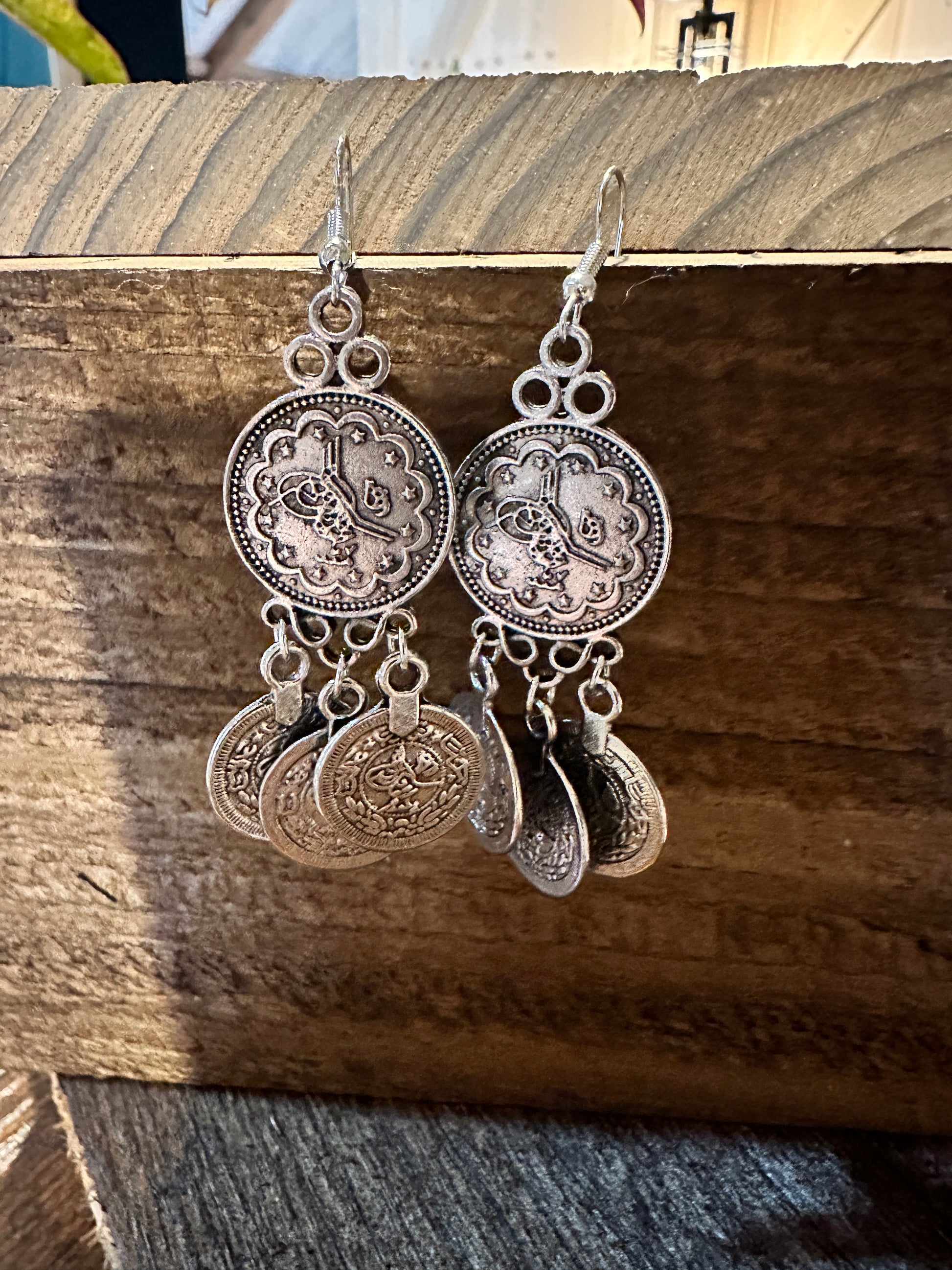 Boho Hippie Vintage Coin Style Dangle Wire Earrings , Gift-Ready Box - Silver Elegant