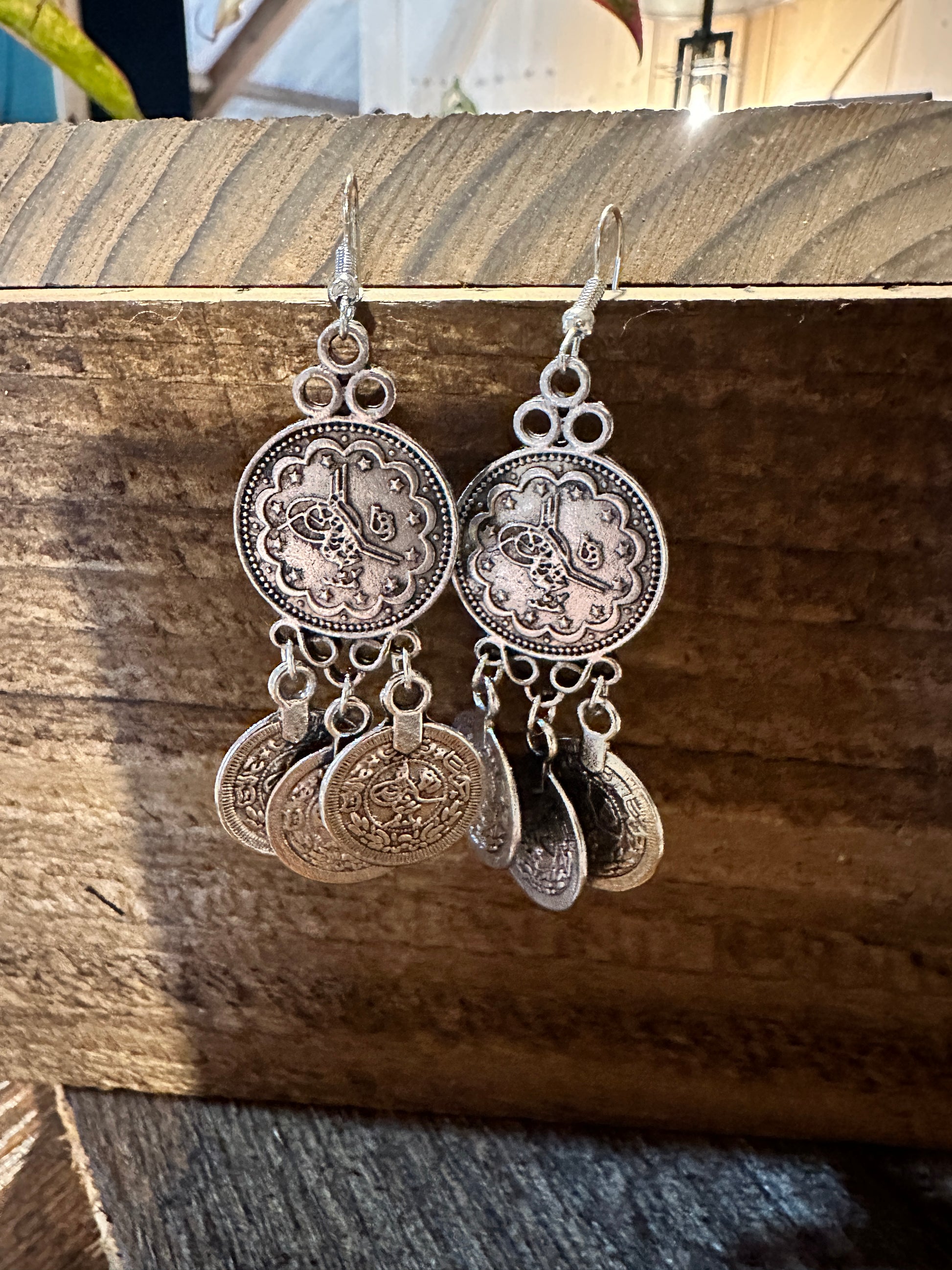 Boho Hippie Vintage Coin Style Dangle Wire Earrings , Gift-Ready Box - Silver Elegant