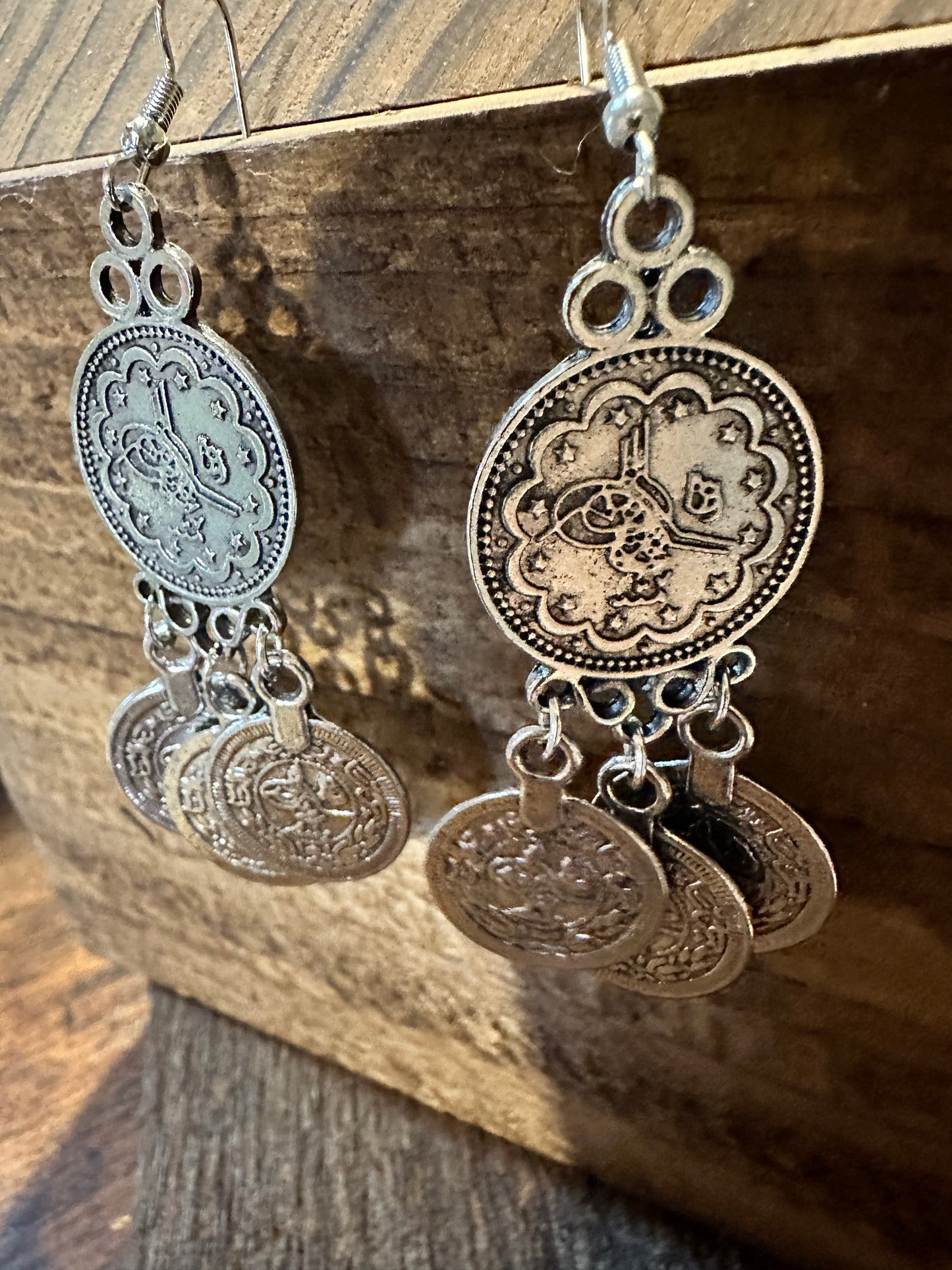 Boho Hippie Vintage Coin Style Dangle Wire Earrings , Gift-Ready Box - Silver Elegant