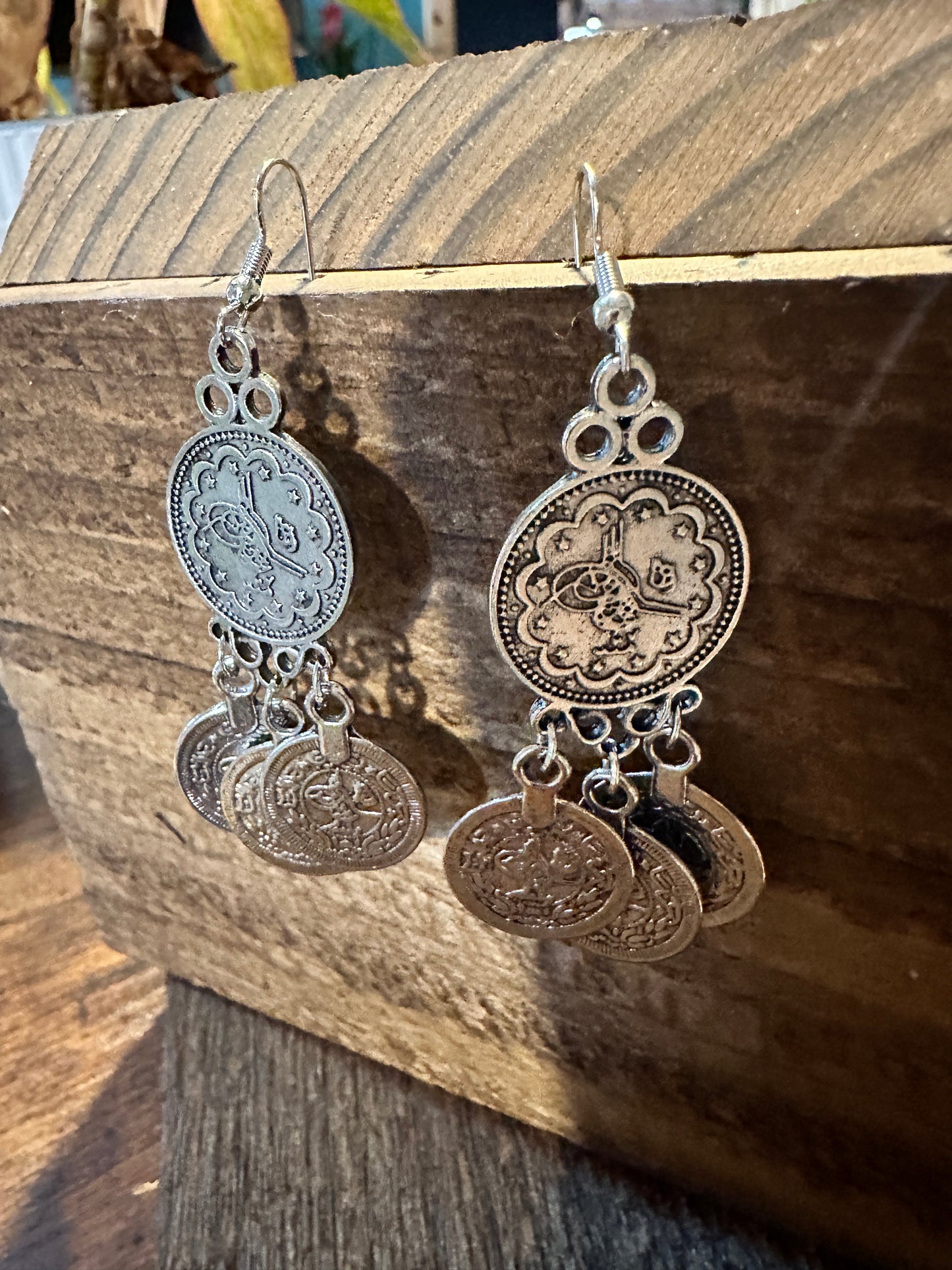 Boho Hippie Vintage Coin Style Dangle Wire Earrings , Gift-Ready Box - Silver Elegant