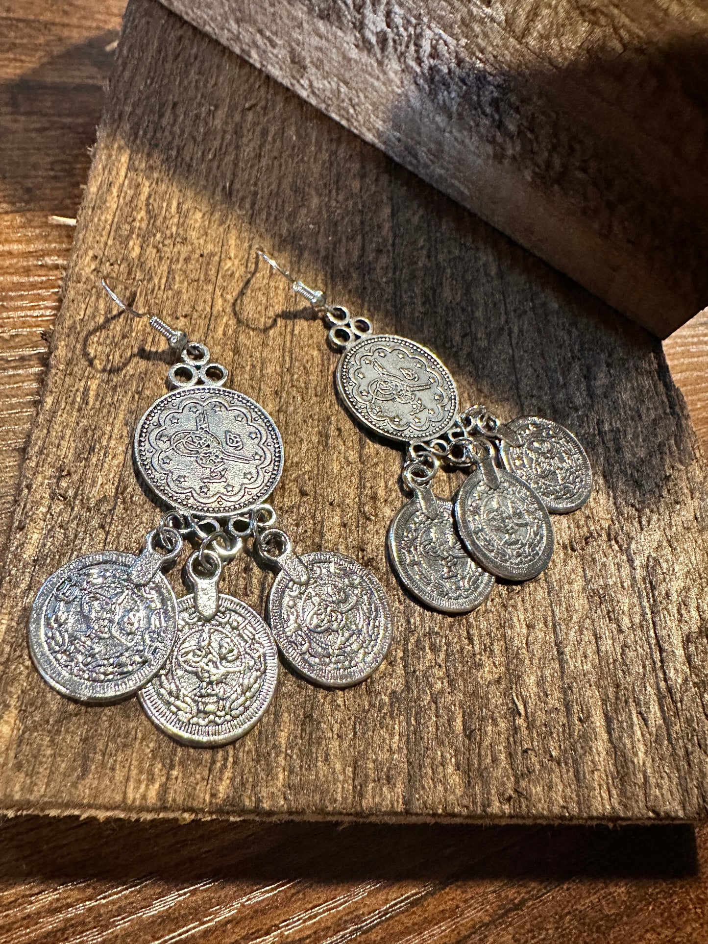 Boho Hippie Vintage Coin Style Dangle Wire Earrings , Gift-Ready Box - Silver Elegant