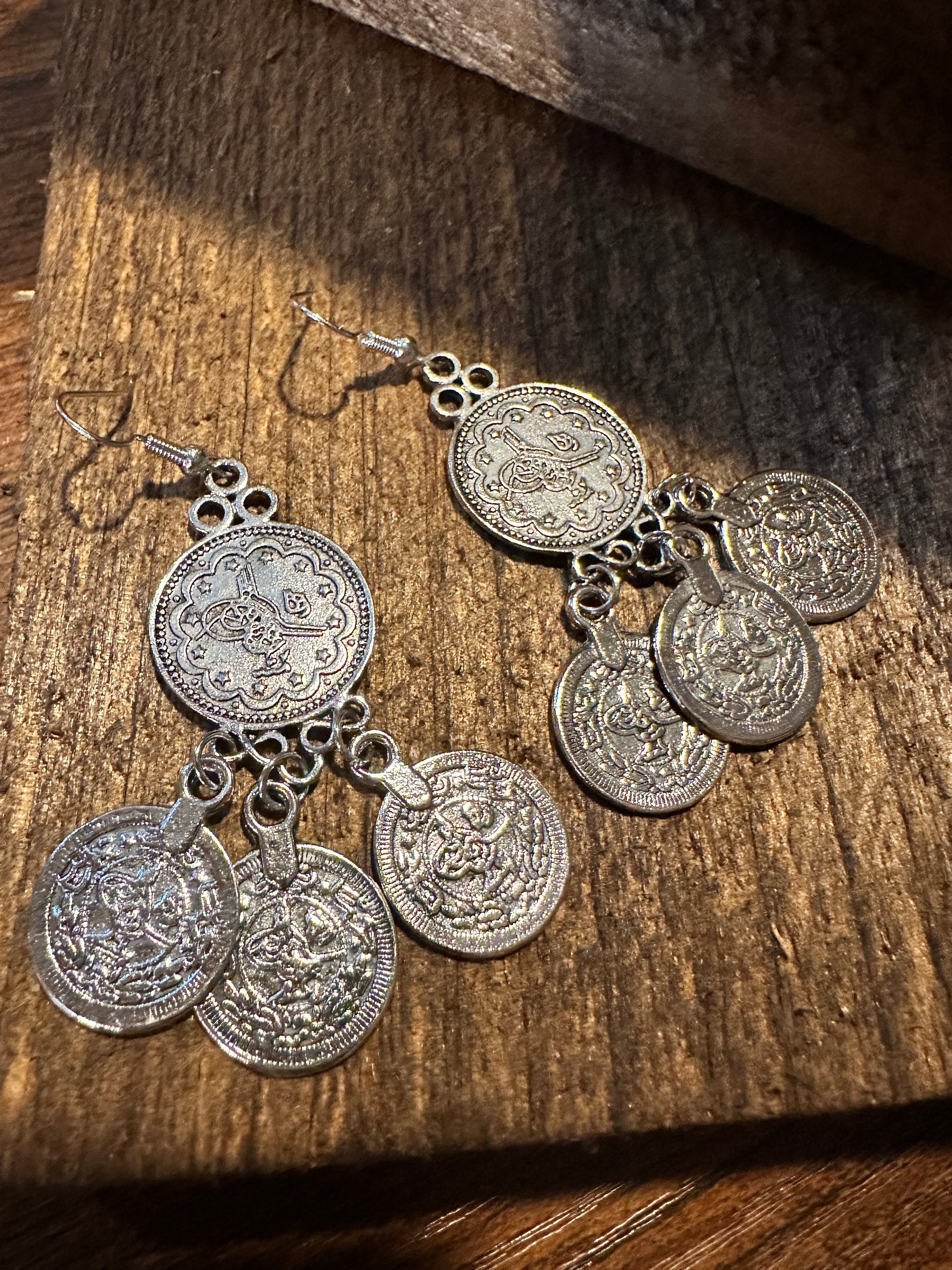 Boho Hippie Vintage Coin Style Dangle Wire Earrings , Gift-Ready Box - Silver Elegant