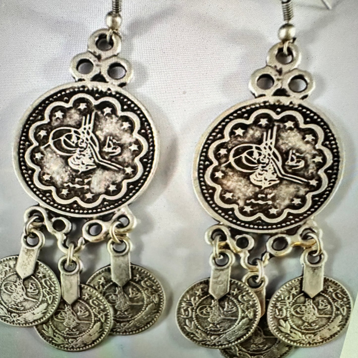 Boho Hippie Vintage Coin Style Dangle Wire Earrings , Gift-Ready Box - Silver Elegant