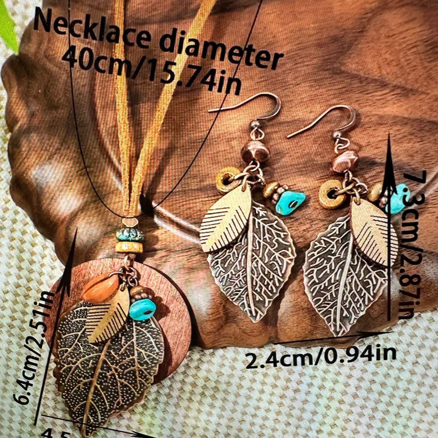 Bohemian Retro Copper Leaf Pendant Necklace Earrings Set For Women, Gift Box - Silver Elegant