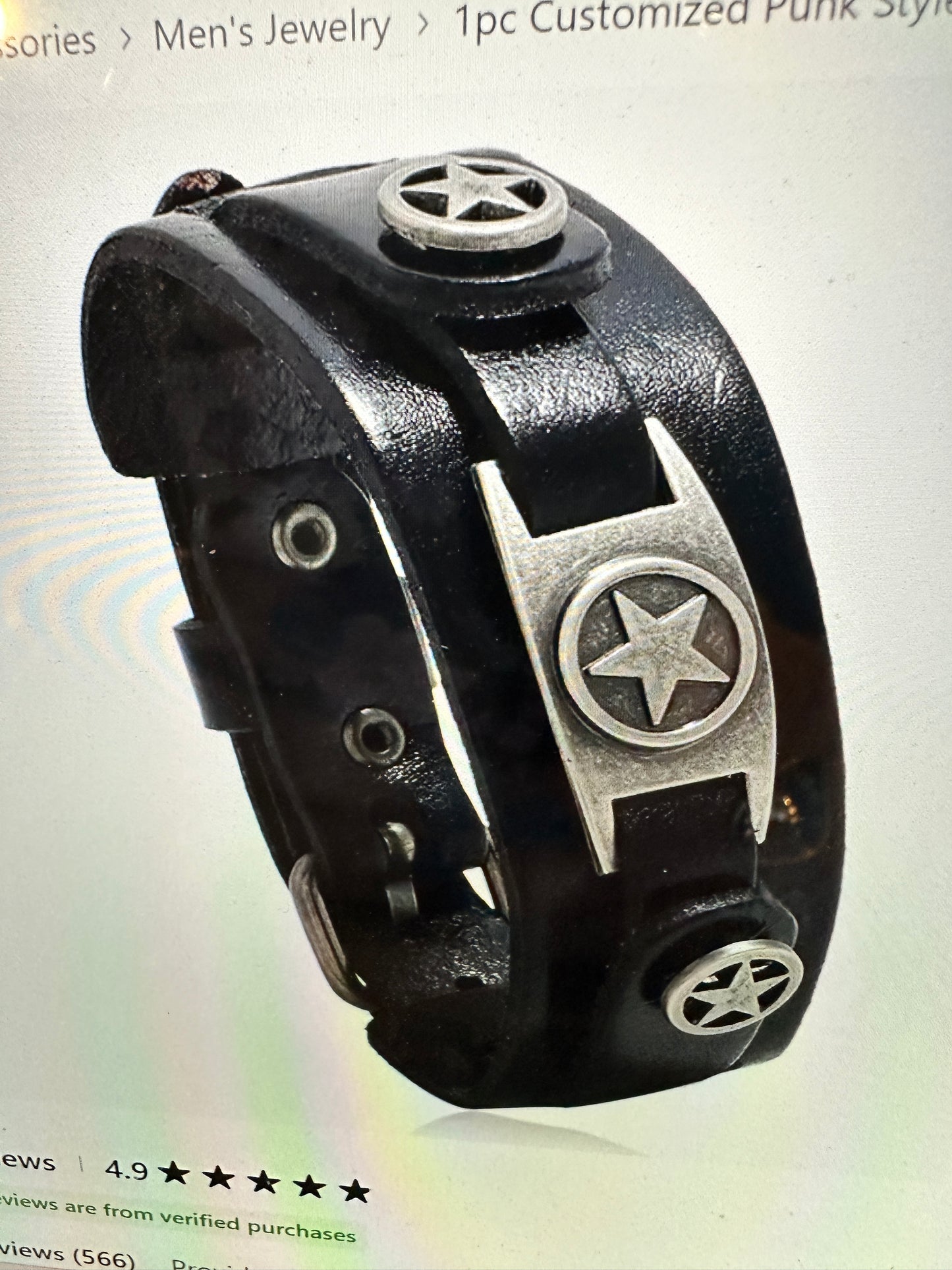 Rebel Spirit Texas Star Leather Cuff Bracelet for Men - Comes in Gift Box - Silver Elegant