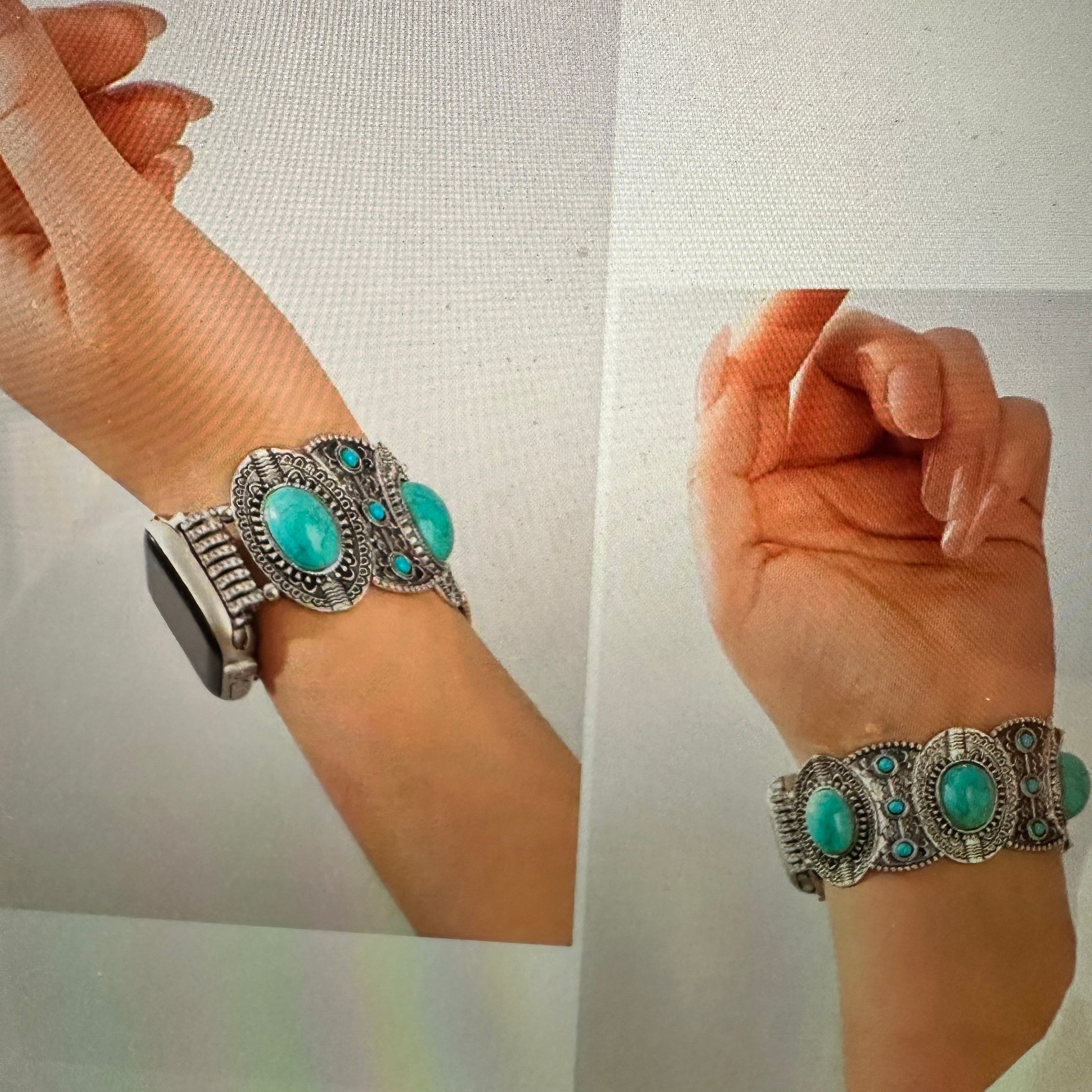 Fashion Iwatch Strap In Bohemian Ethnic Antique Style With Turquoise Handmade, Elastic Stretch, Gift Box - Silver Elegant