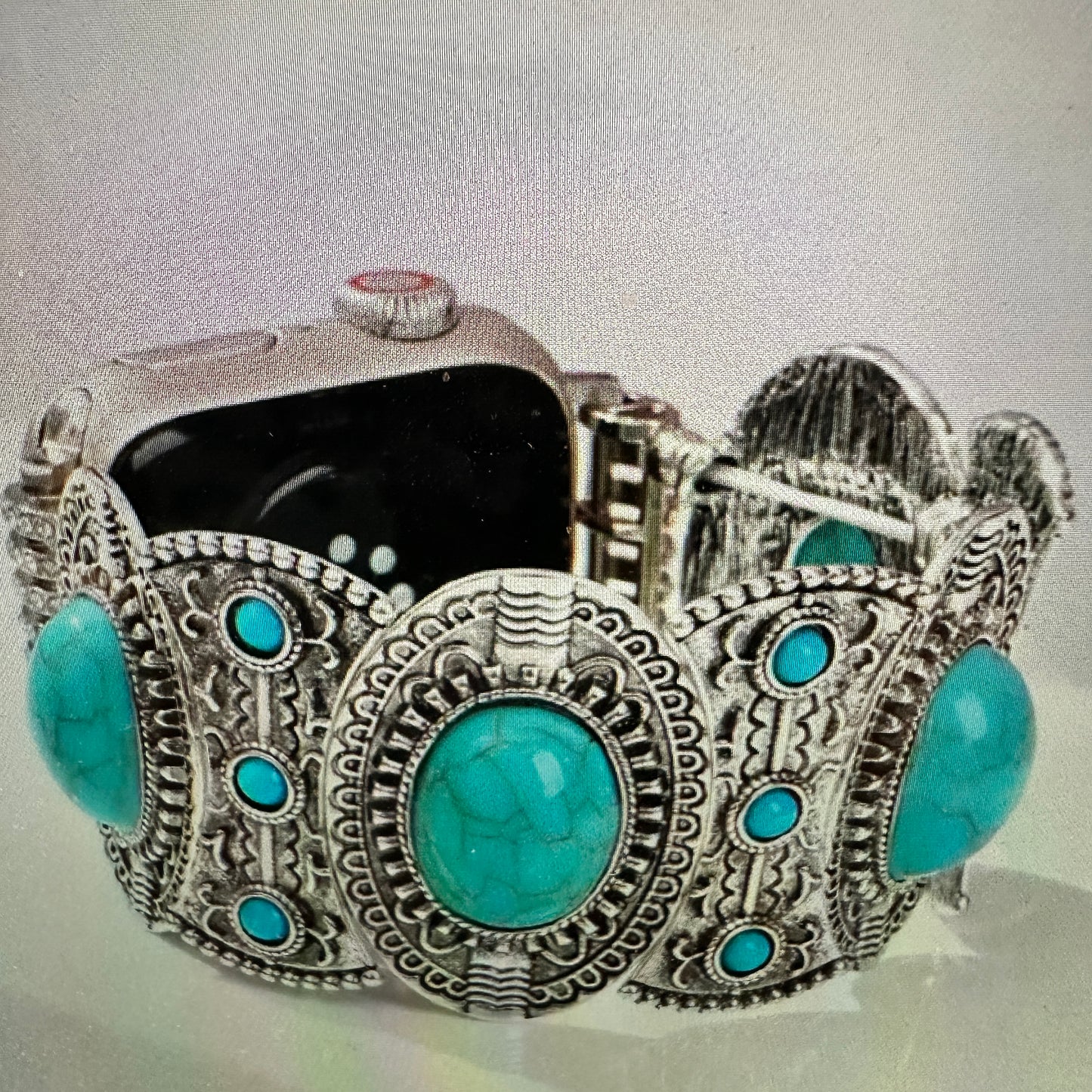 Fashion Iwatch Strap In Bohemian Ethnic Antique Style With Turquoise Handmade, Elastic Stretch, Gift Box - Silver Elegant