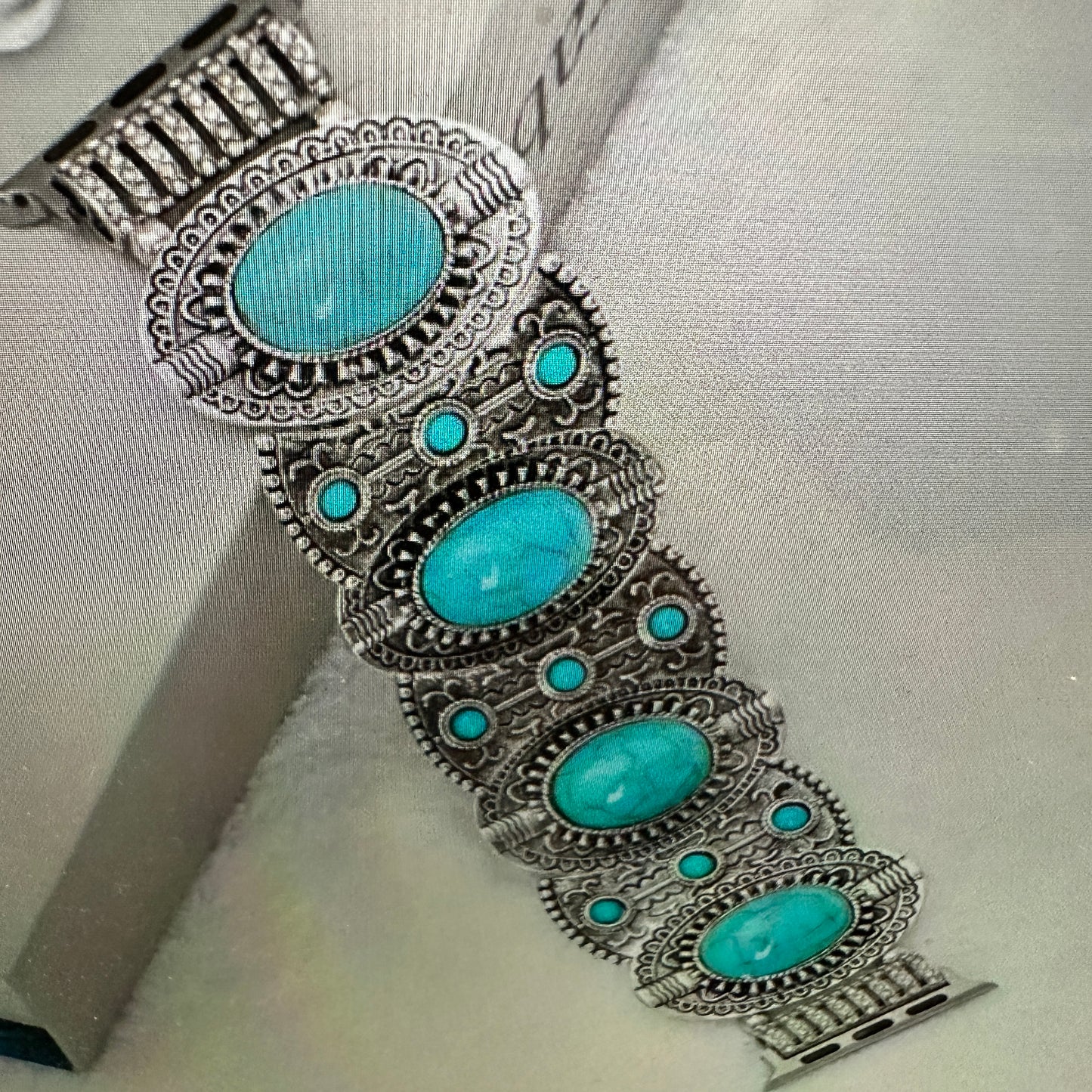 Fashion Iwatch Strap In Bohemian Ethnic Antique Style With Turquoise Handmade, Elastic Stretch, Gift Box - Silver Elegant