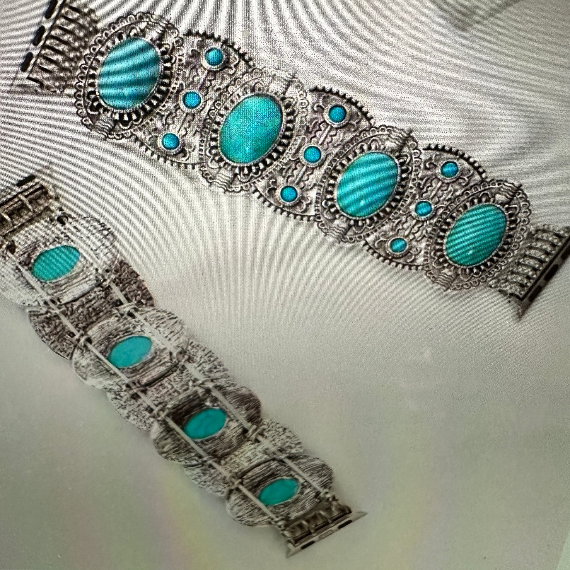 Fashion Iwatch Strap In Bohemian Ethnic Antique Style With Turquoise Handmade, Elastic Stretch, Gift Box - Silver Elegant