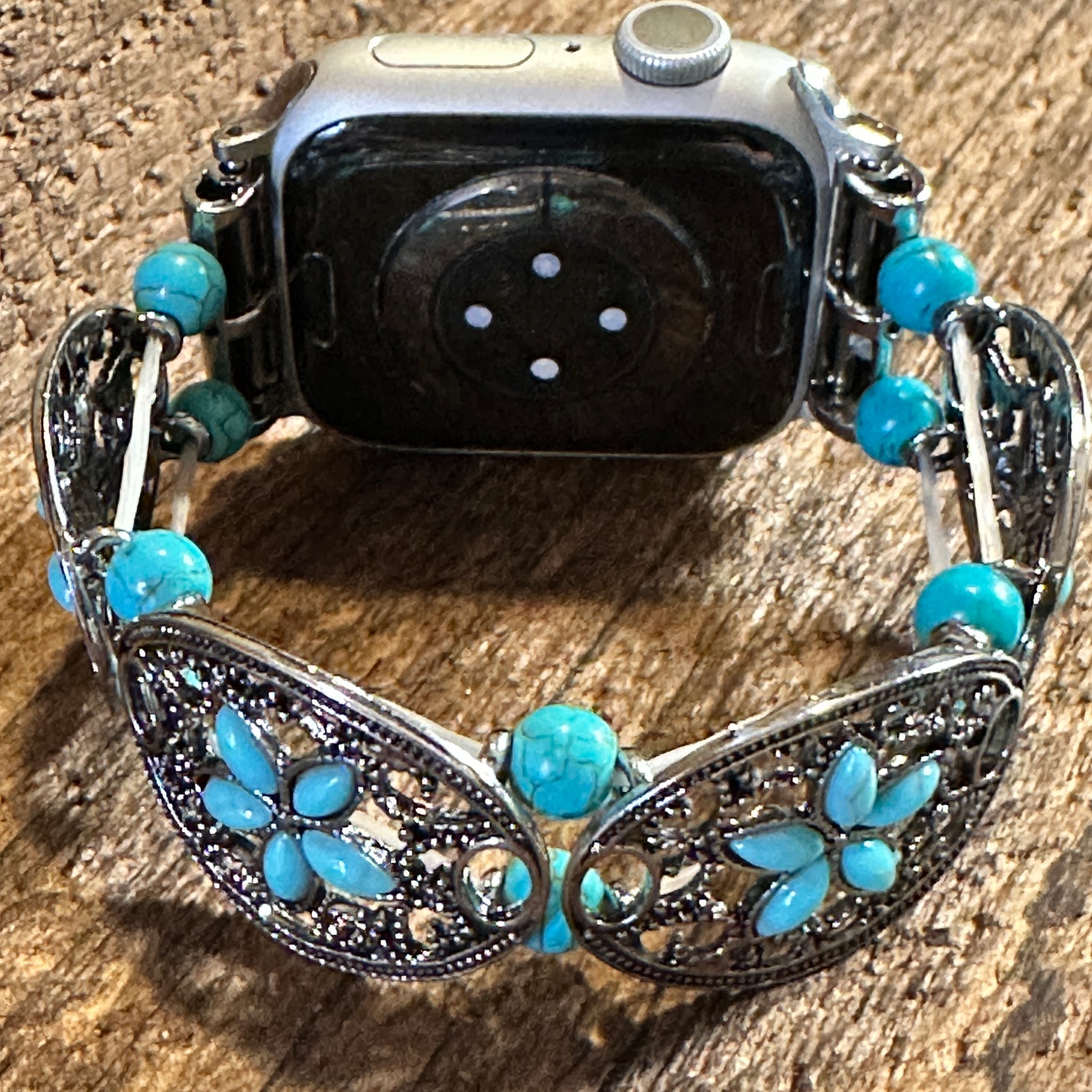 Bohemian Ethnic Antique Style IWatch Band With Turquoise Handmade, Elastic Stretch, Gift Box - Silver Elegant