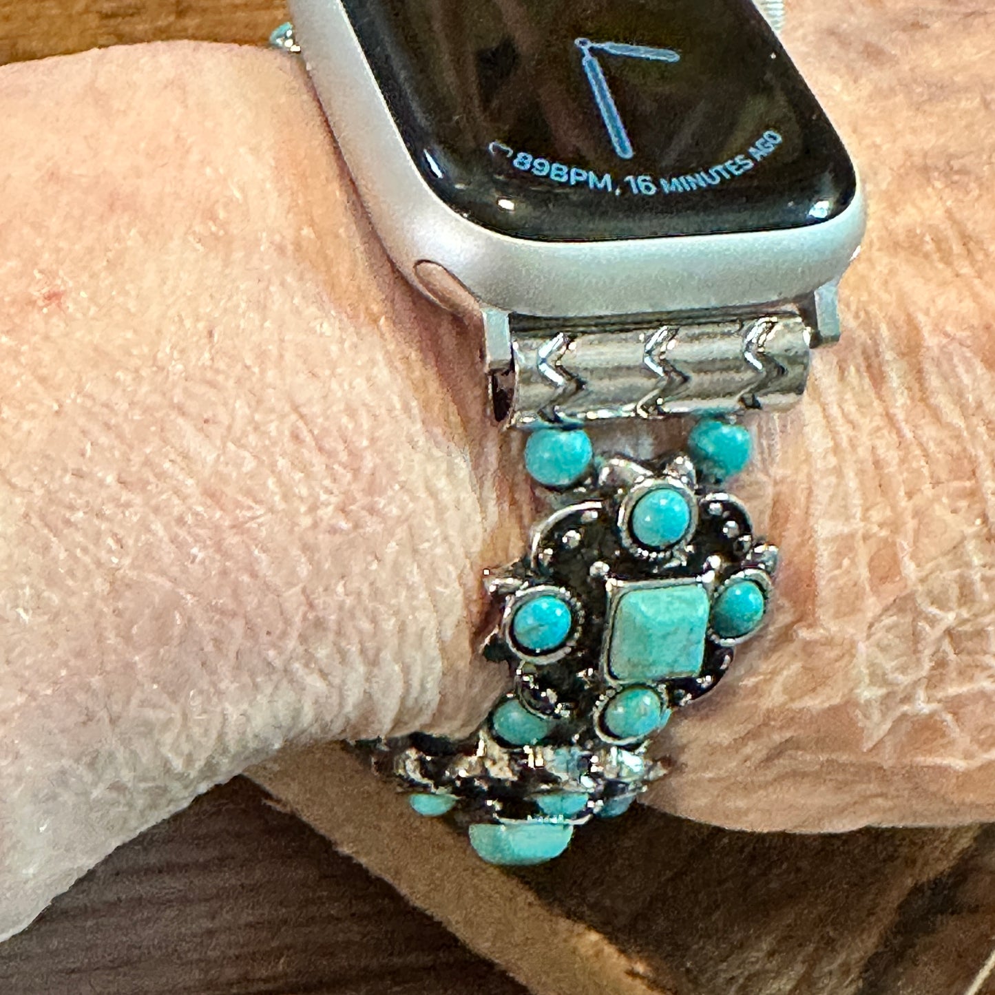 Turquoise Artisan Boho Apple Watch Band - Handmade, Elastic, Gift-Ready - Silver Elegant