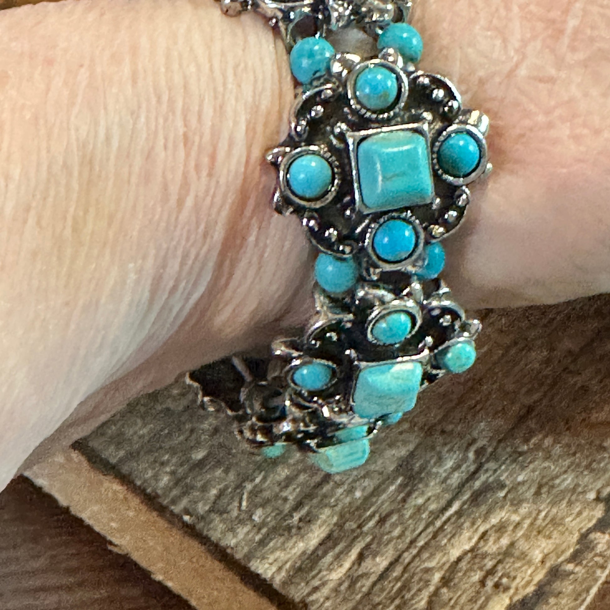 Turquoise Artisan Boho Apple Watch Band - Handmade, Elastic, Gift-Ready - Silver Elegant