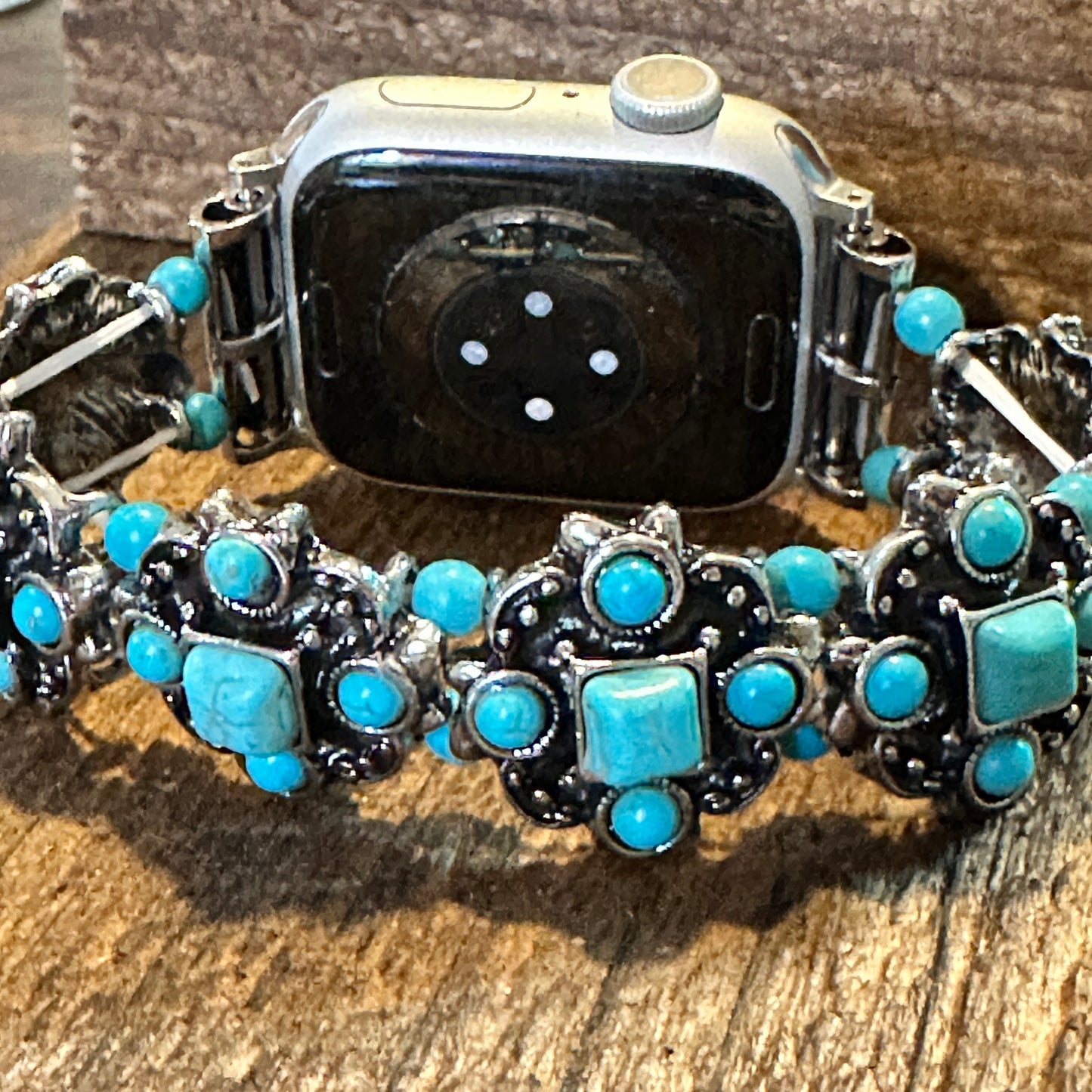 Turquoise Artisan Boho Apple Watch Band - Handmade, Elastic, Gift-Ready - Silver Elegant