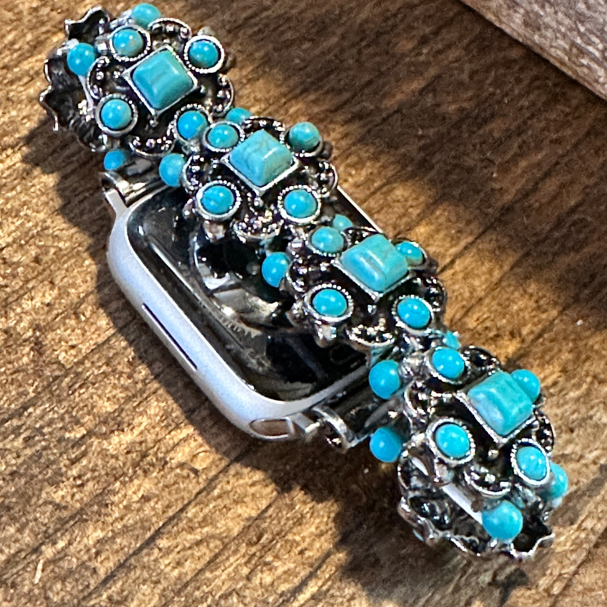 Turquoise Artisan Boho Apple Watch Band - Handmade, Elastic, Gift-Ready - Silver Elegant