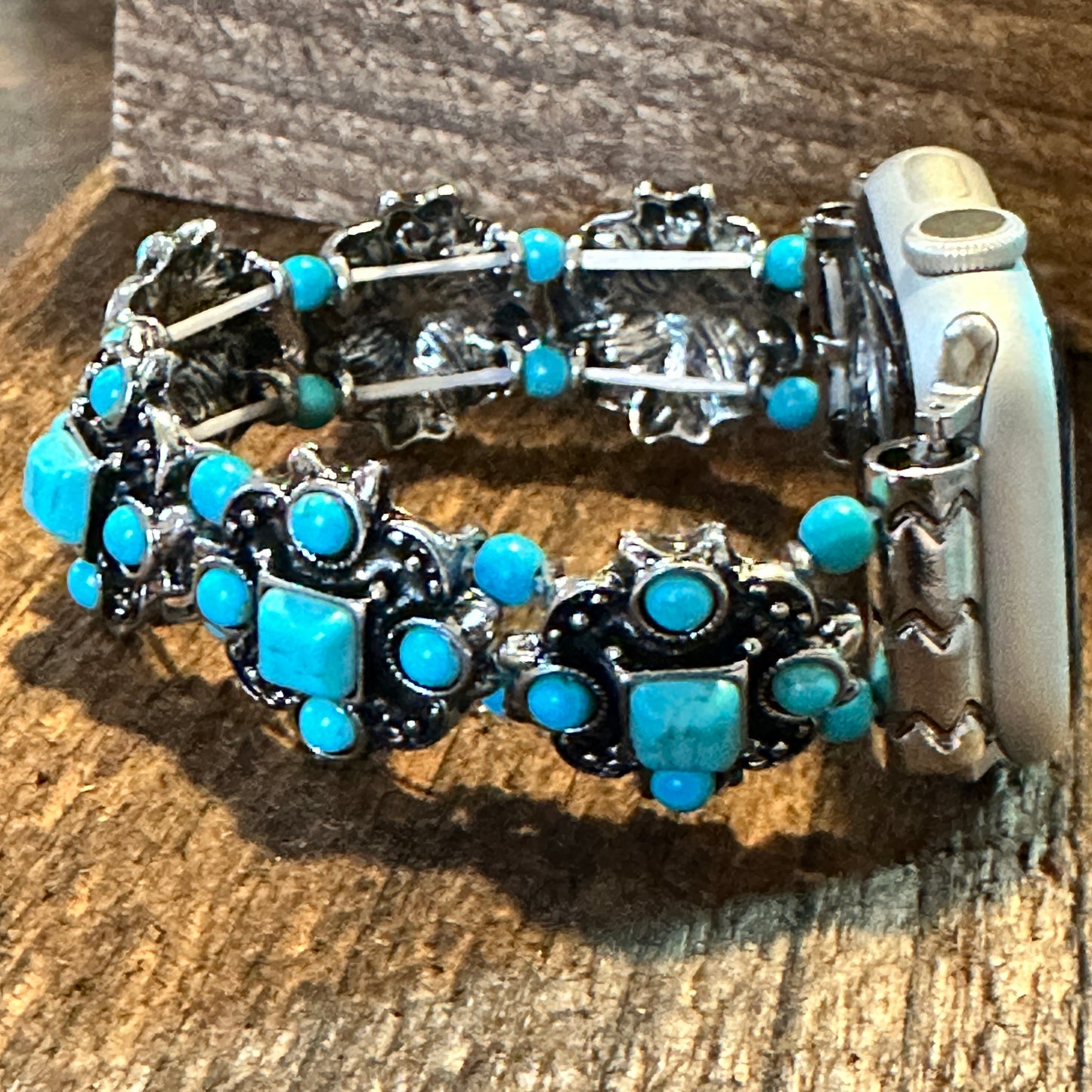 Turquoise Artisan Boho Apple Watch Band - Handmade, Elastic, Gift-Ready - Silver Elegant