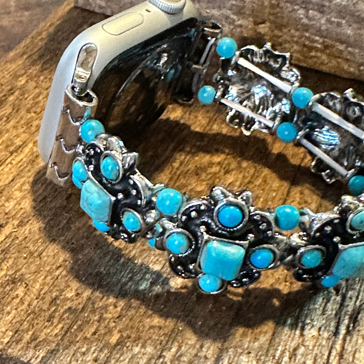 Turquoise Artisan Boho Apple Watch Band - Handmade, Elastic, Gift-Ready - Silver Elegant