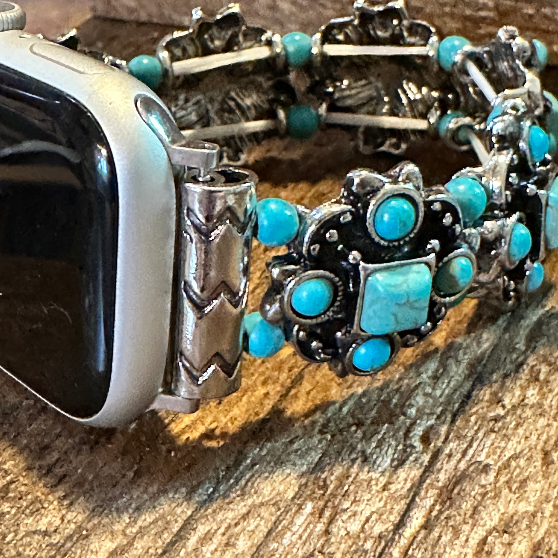 Turquoise Artisan Boho Apple Watch Band - Handmade, Elastic, Gift-Ready - Silver Elegant