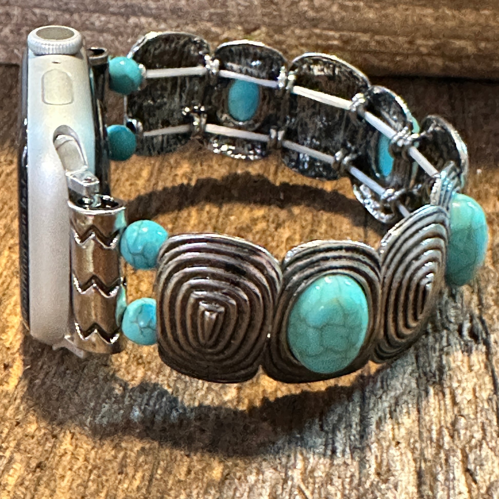 Bohemian Southwestern Hippie IWatch Band With Turquoise Handmade, Elastic Stretch, Gift Box - Silver Elegant