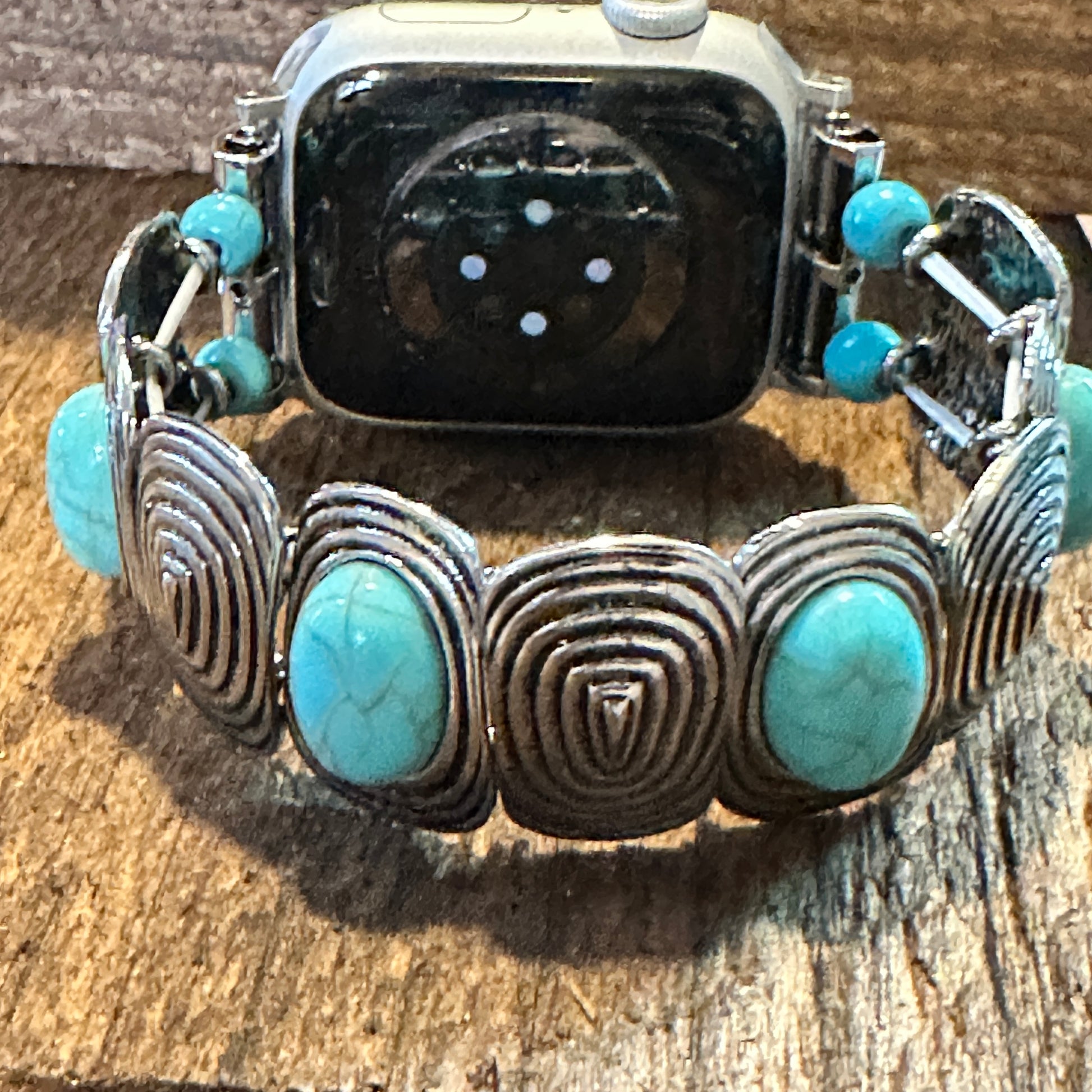 Bohemian Southwestern Hippie IWatch Band With Turquoise Handmade, Elastic Stretch, Gift Box - Silver Elegant