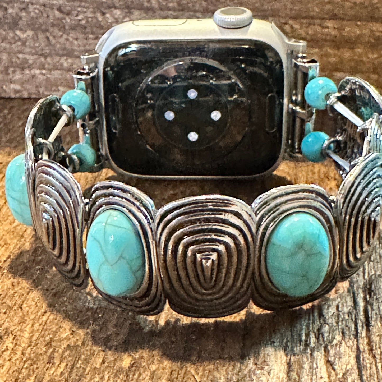 Bohemian Southwestern Hippie IWatch Band With Turquoise Handmade, Elastic Stretch, Gift Box - Silver Elegant