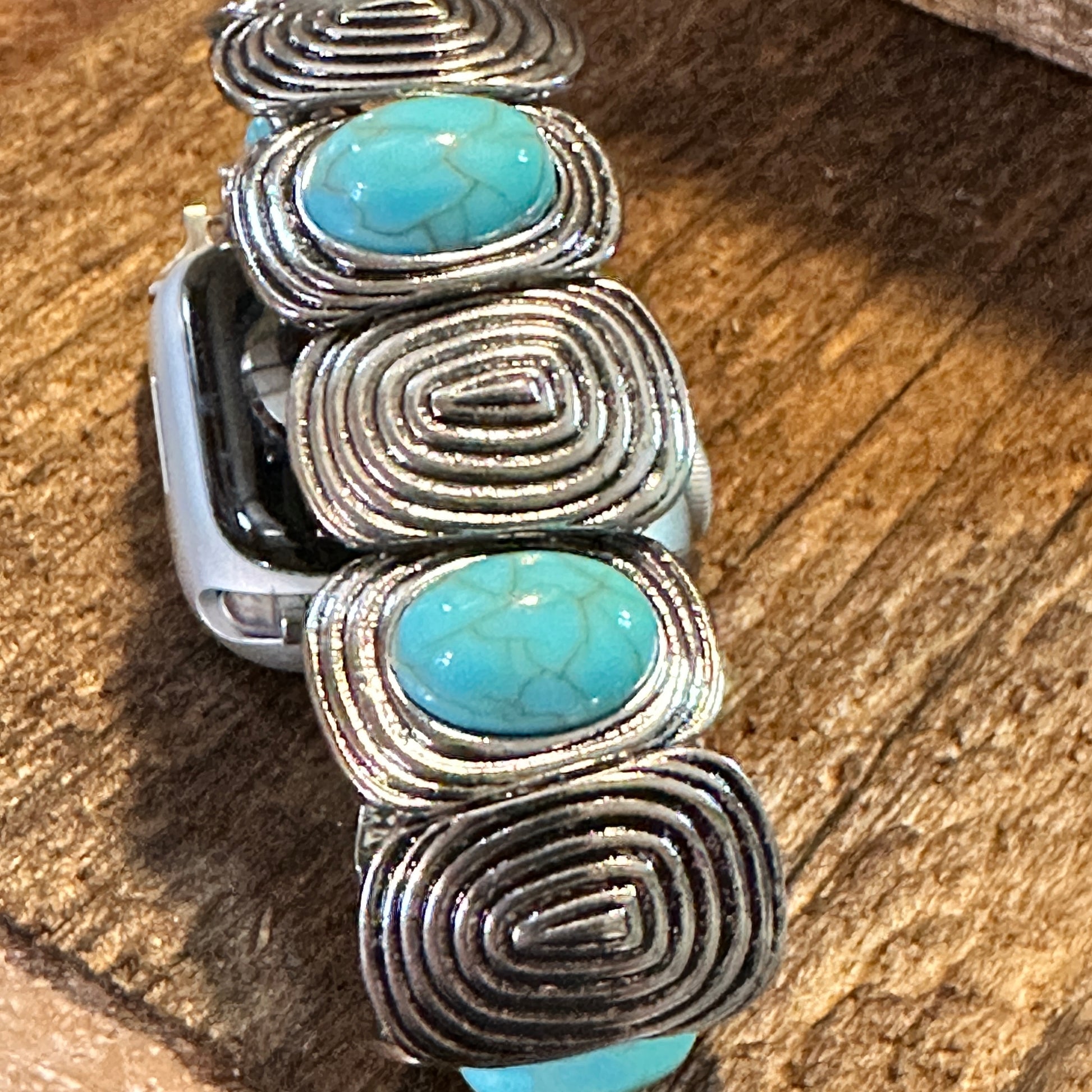 Bohemian Southwestern Hippie IWatch Band With Turquoise Handmade, Elastic Stretch, Gift Box - Silver Elegant