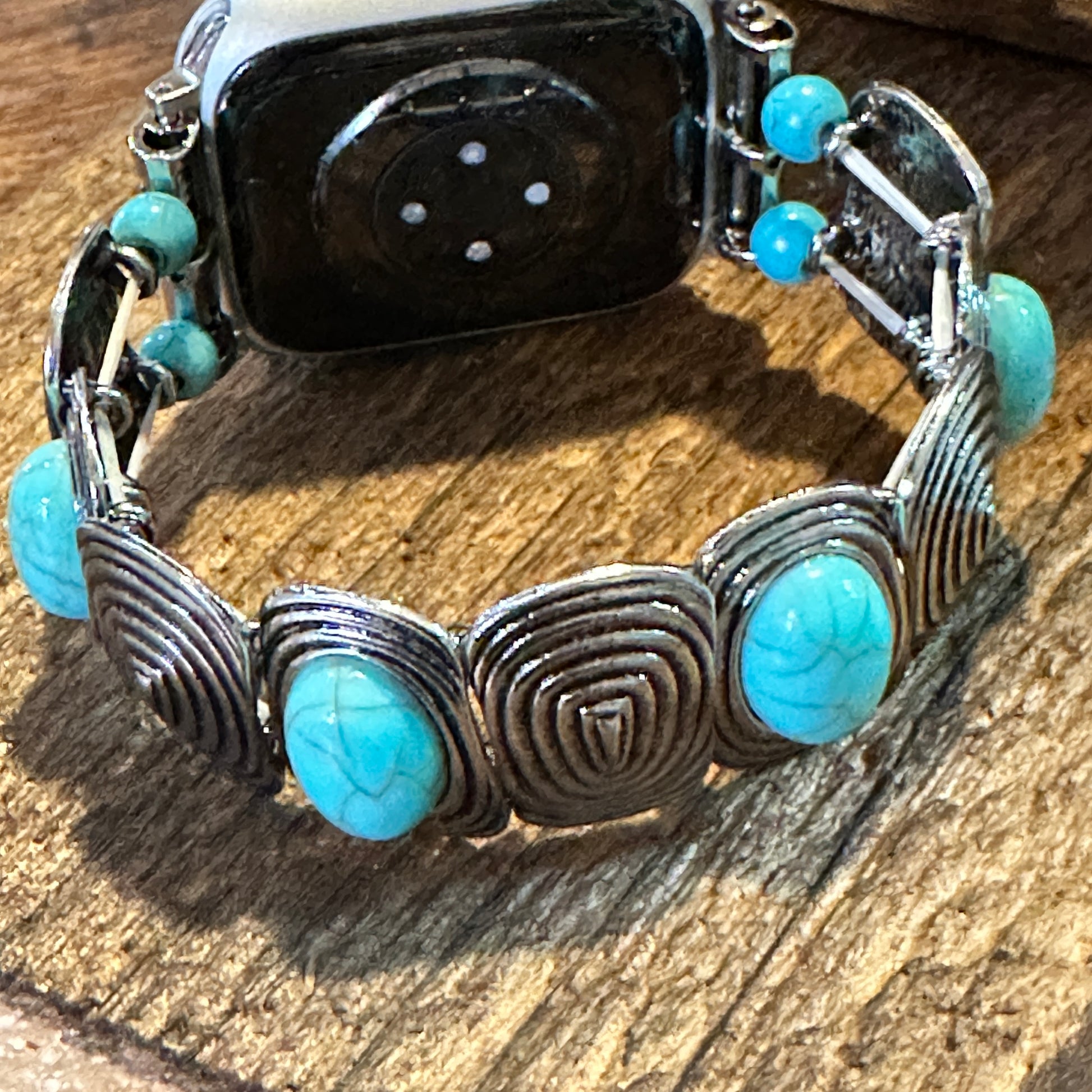 Bohemian Southwestern Hippie IWatch Band With Turquoise Handmade, Elastic Stretch, Gift Box - Silver Elegant