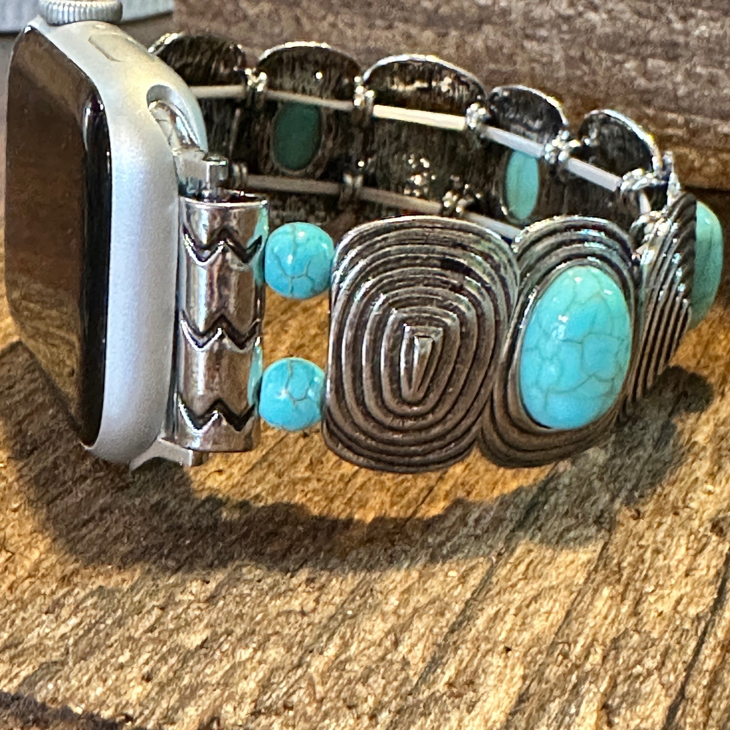 Bohemian Southwestern Hippie IWatch Band With Turquoise Handmade, Elastic Stretch, Gift Box - Silver Elegant