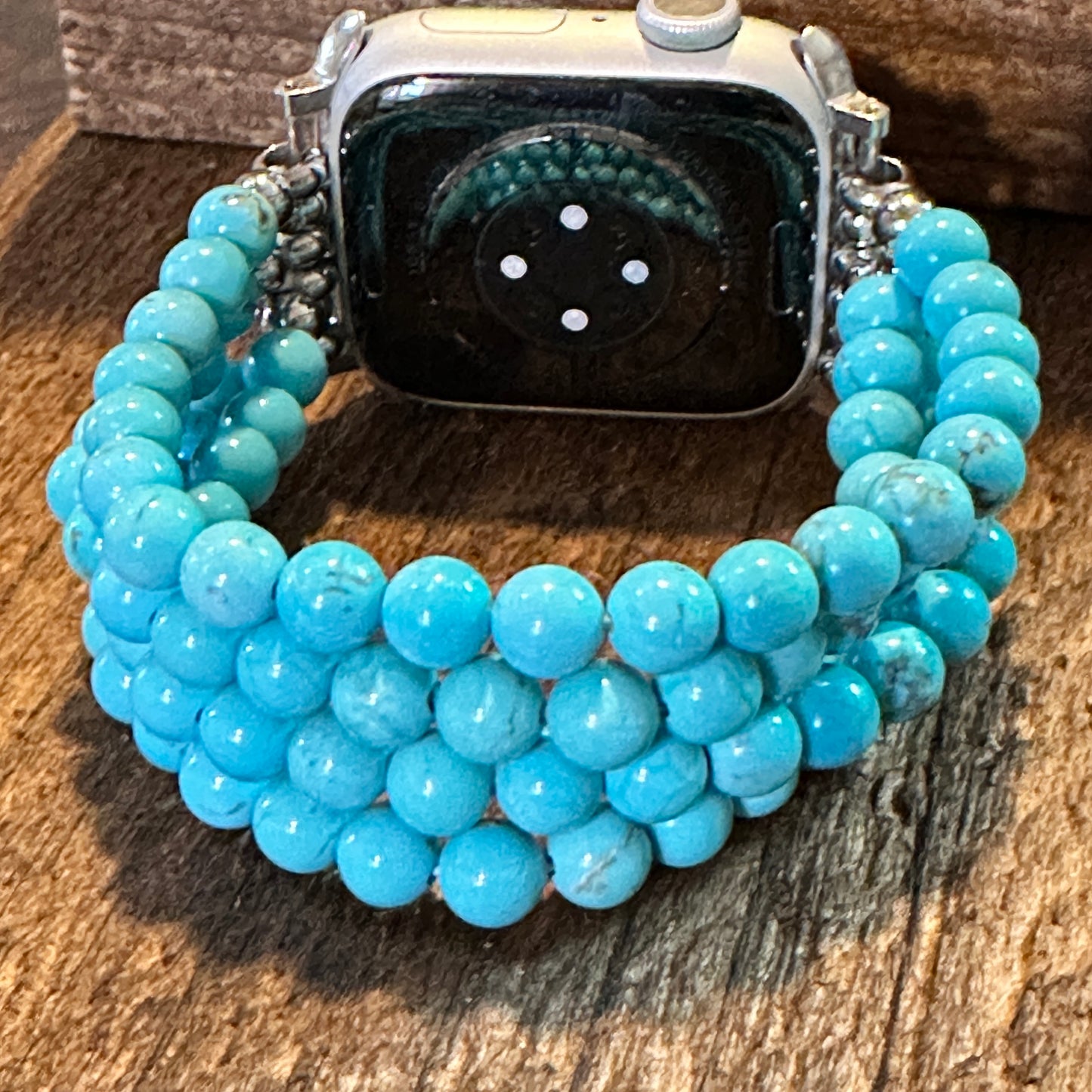 Boho Turquoise BeadsHandmade Elastic Apple Watch Band - Perfect Gift Boxed Accessory - Silver Elegant