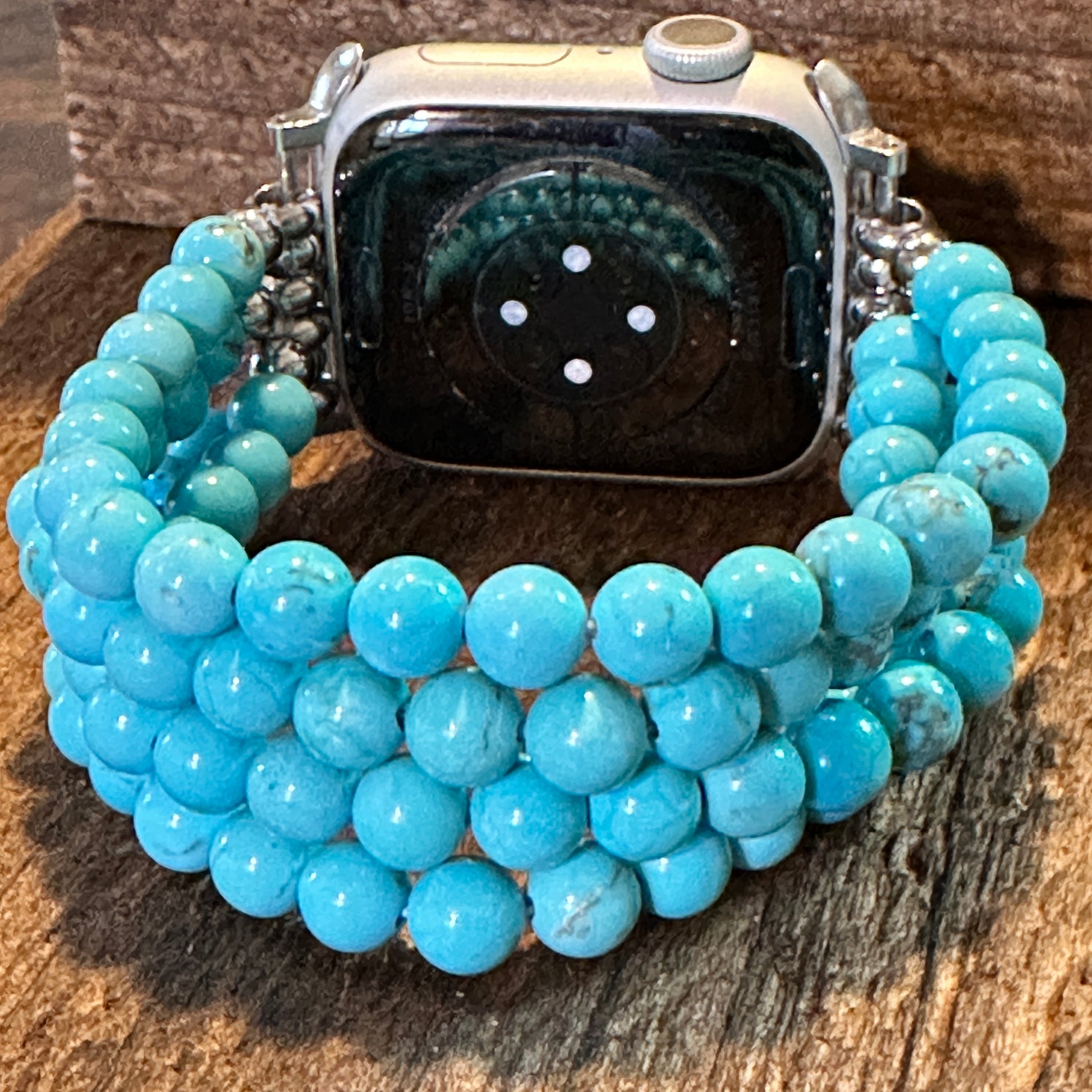 Boho Turquoise BeadsHandmade Elastic Apple Watch Band - Perfect Gift Boxed Accessory - Silver Elegant