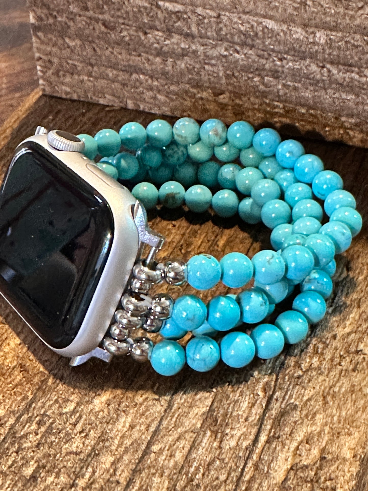 Boho Turquoise BeadsHandmade Elastic Apple Watch Band - Perfect Gift Boxed Accessory - Silver Elegant