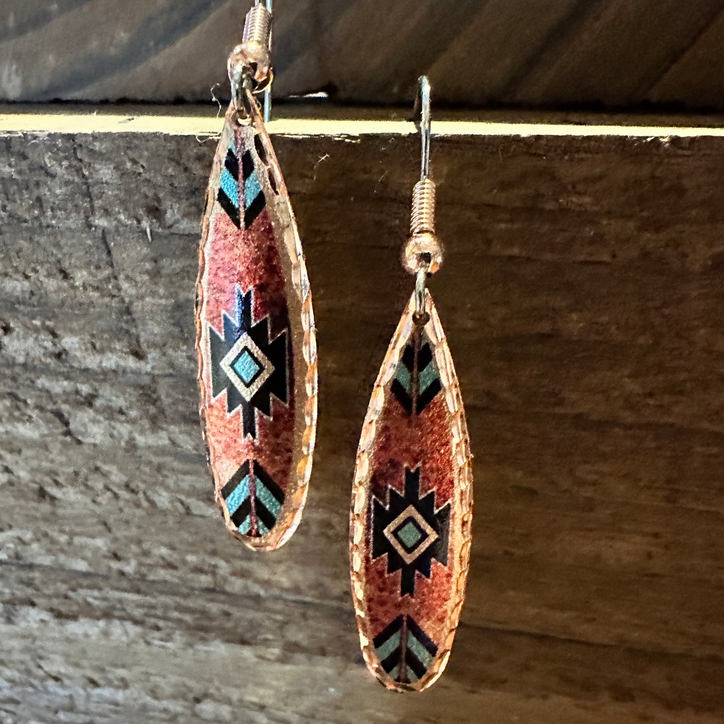 Boho Native American Navajo Red and Turquoise Copper Earrings, gift Box - Silver Elegant