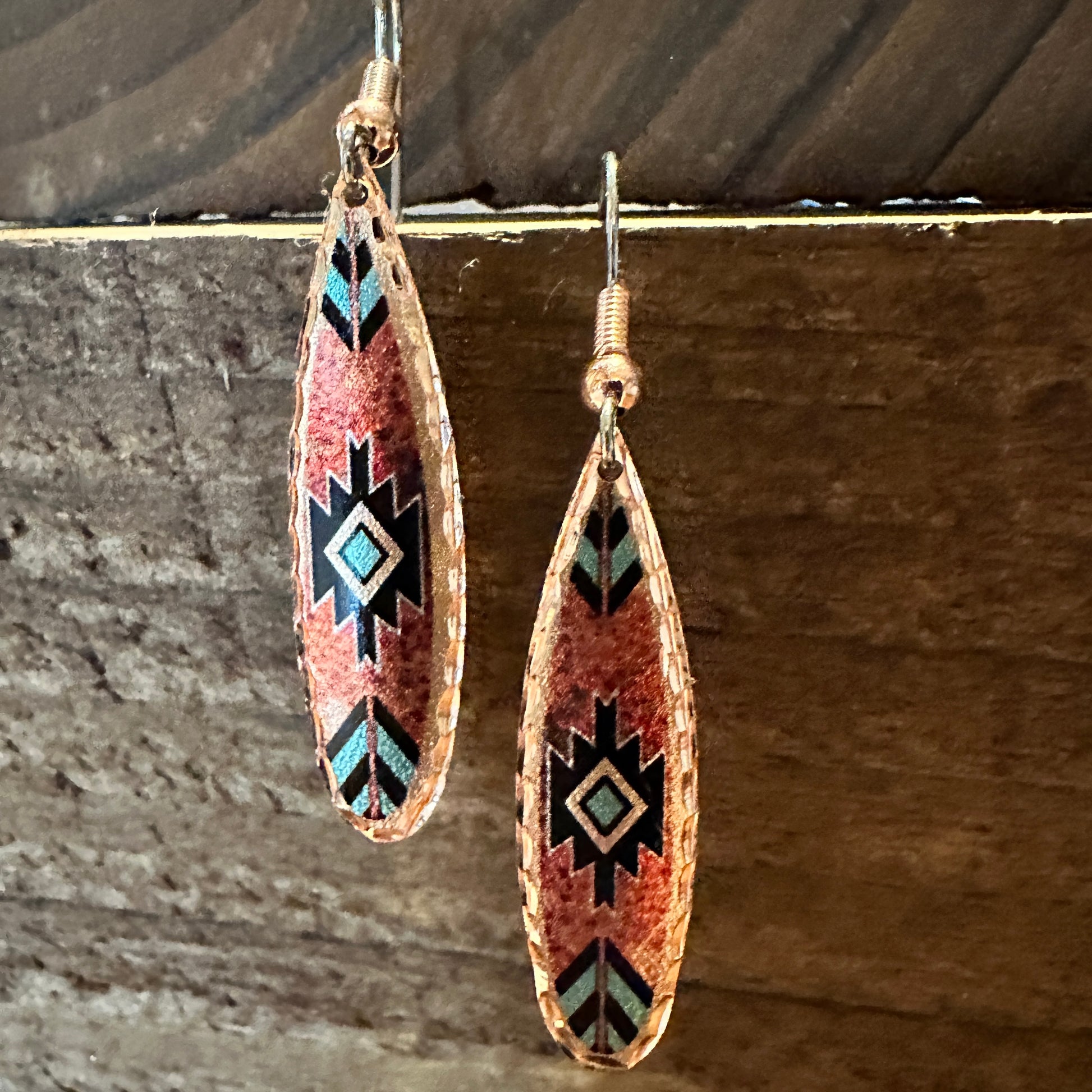 Boho Native American Navajo Red and Turquoise Copper Earrings, gift Box - Silver Elegant