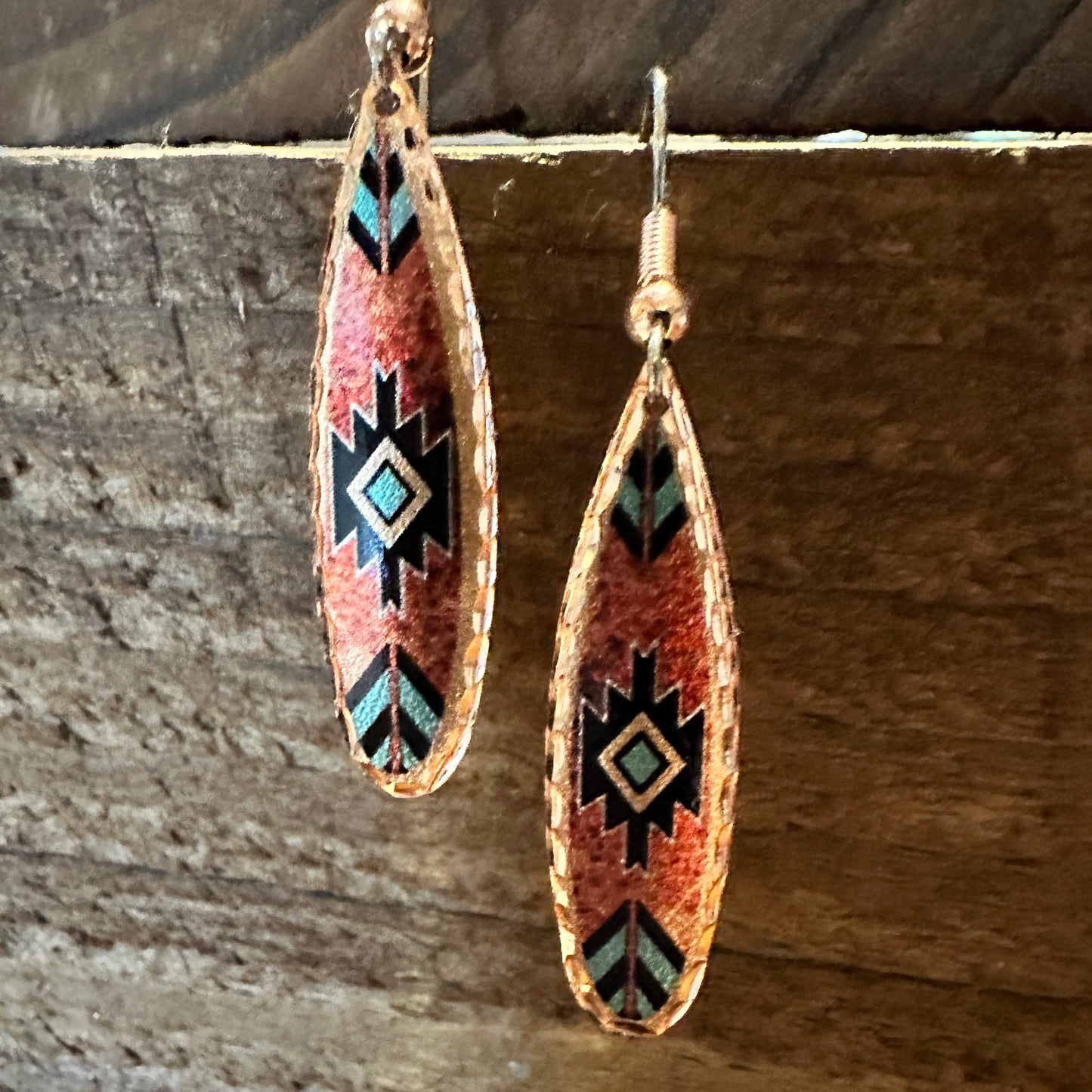 Boho Native American Navajo Red and Turquoise Copper Earrings, gift Box - Silver Elegant