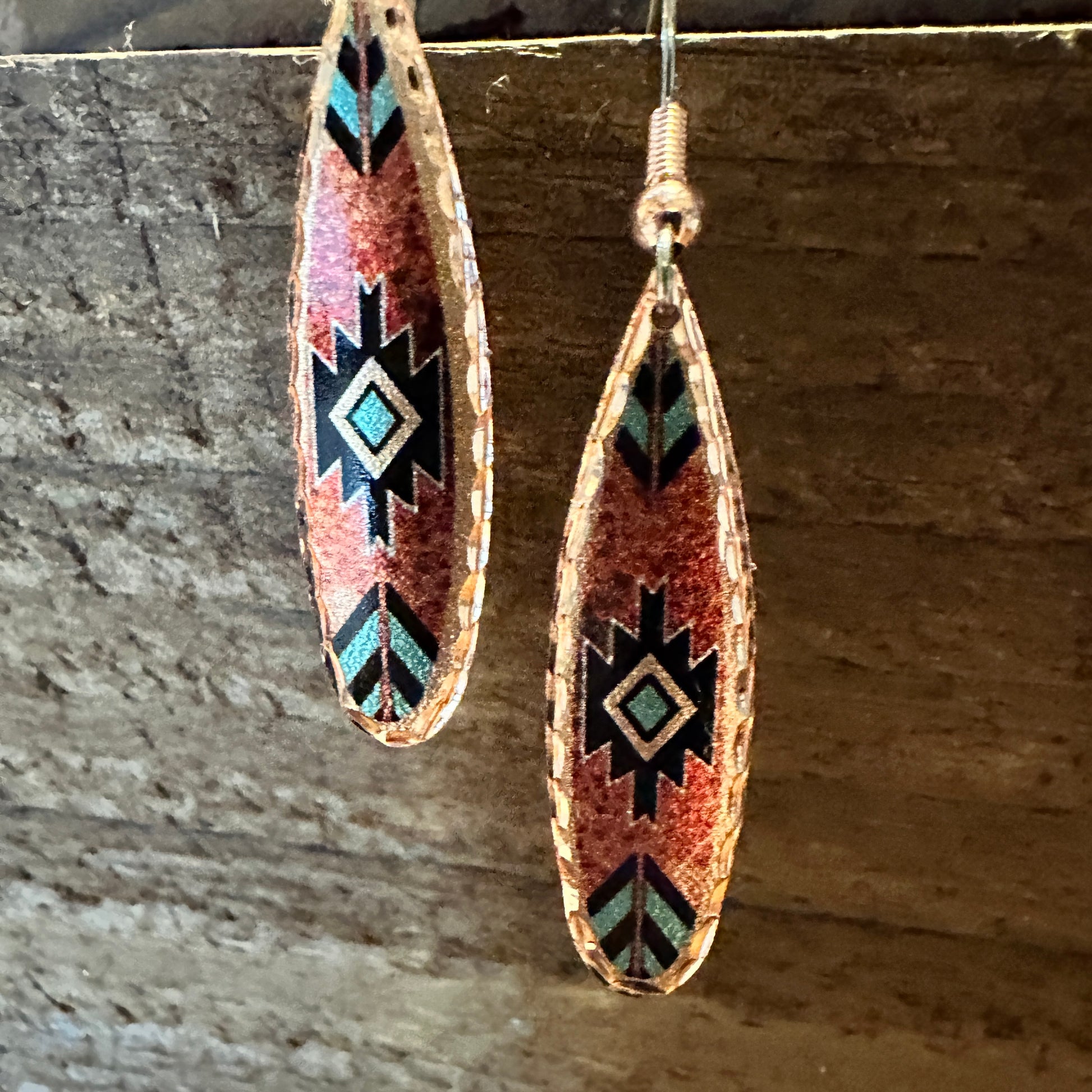 Boho Native American Navajo Red and Turquoise Copper Earrings, gift Box - Silver Elegant