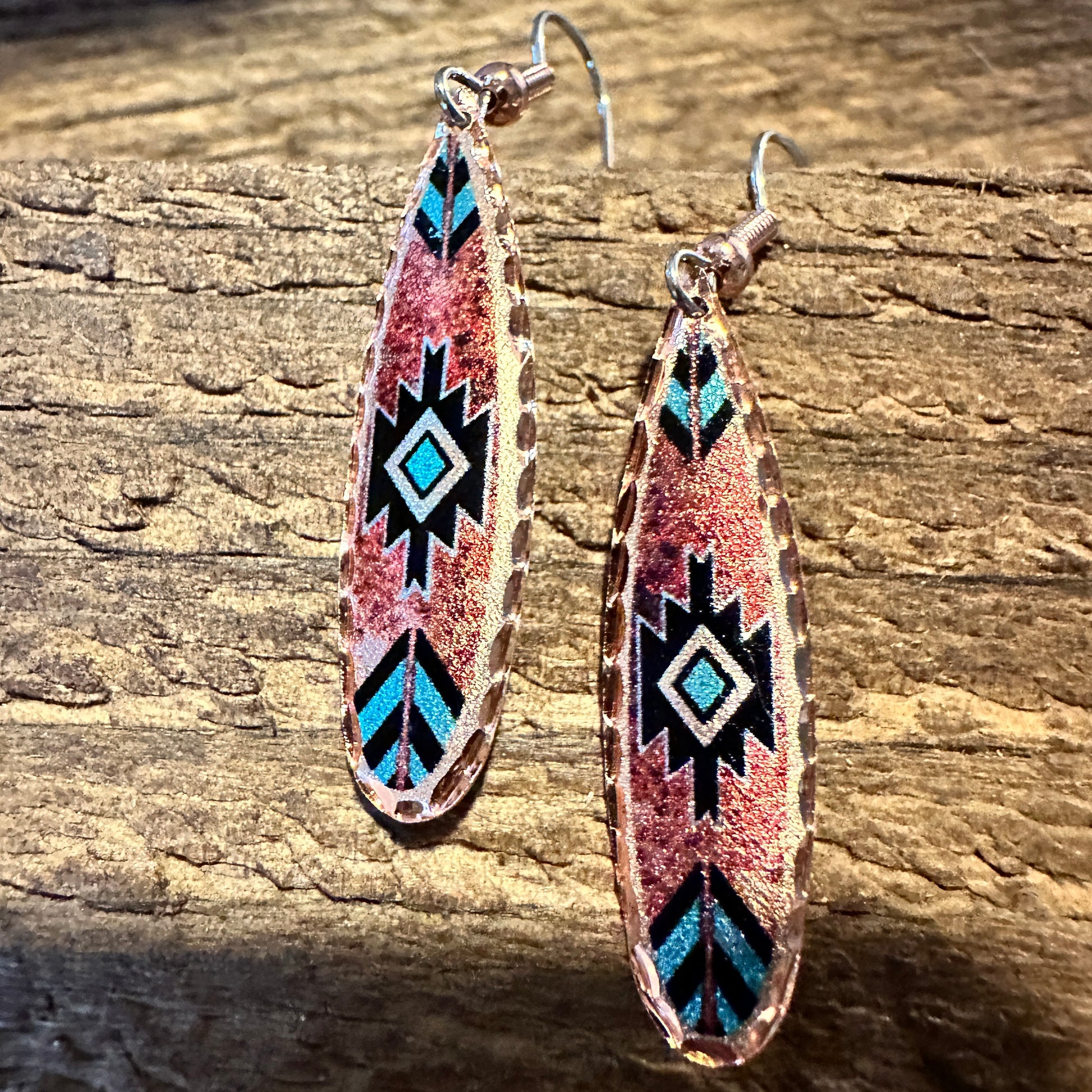 Boho Native American Navajo Red and Turquoise Copper Earrings, gift Box - Silver Elegant