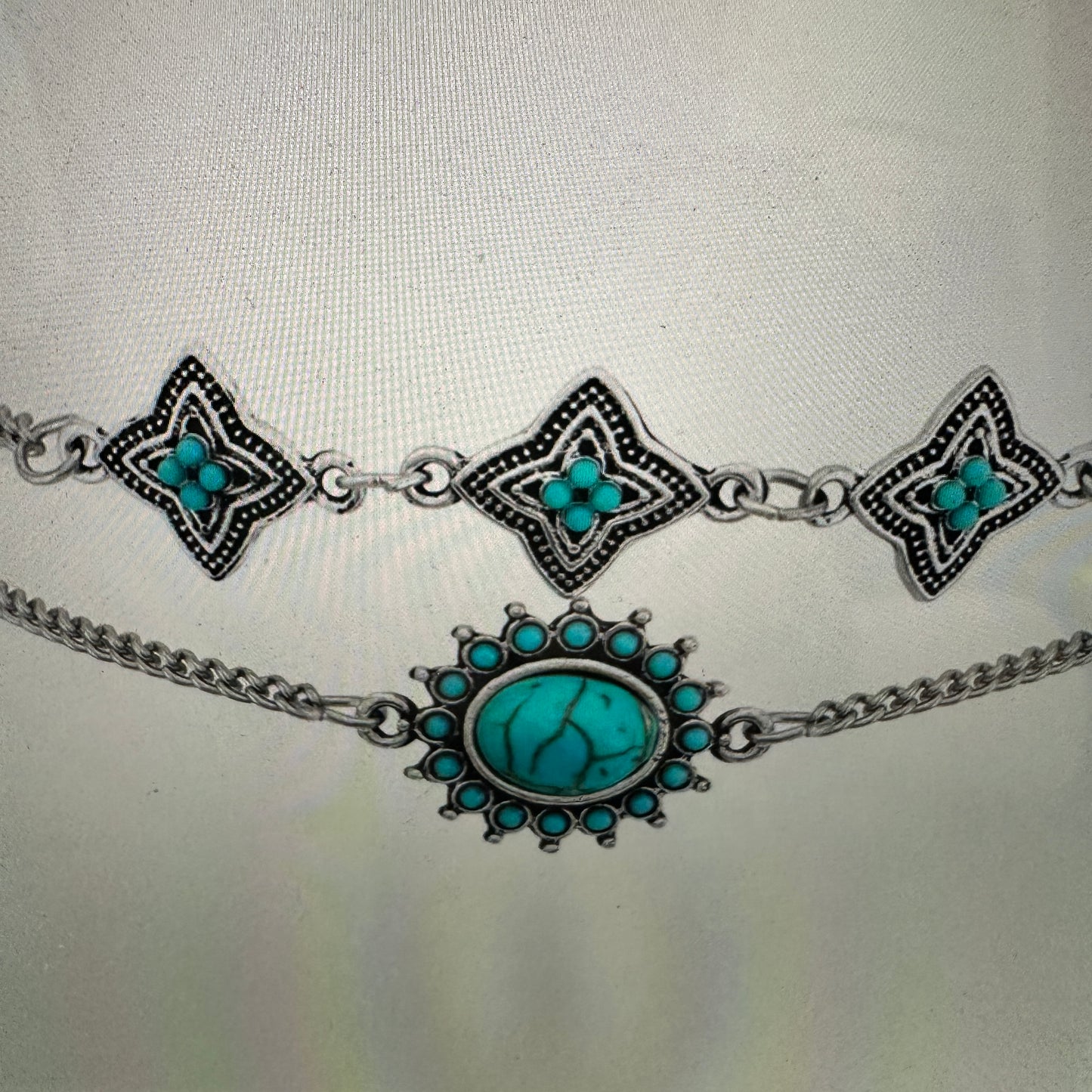 Bohemian Vintage Turquoise and Stainless Steel Floral Bracelet Set