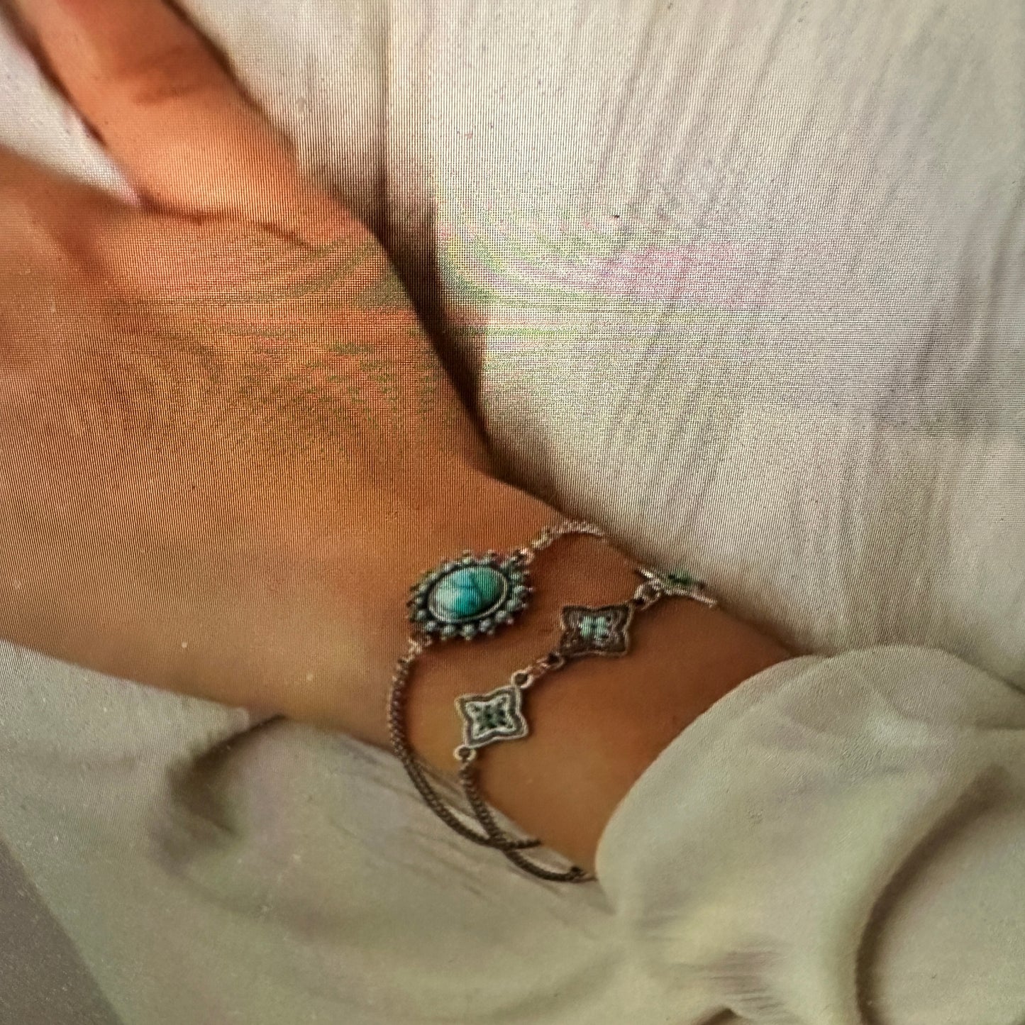 Bohemian Vintage Turquoise and Stainless Steel Floral Bracelet Set