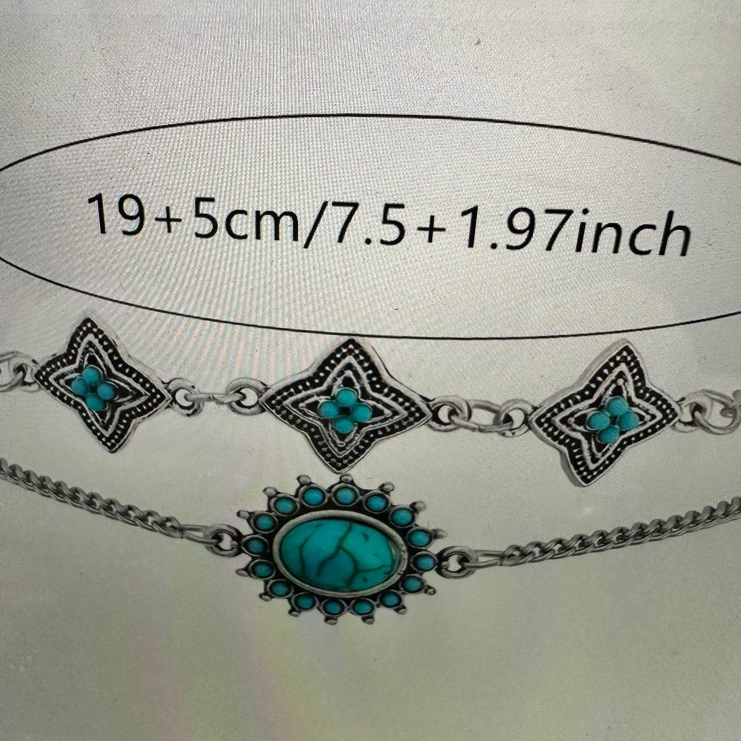 Bohemian Vintage Turquoise and Stainless Steel Floral Bracelet Set