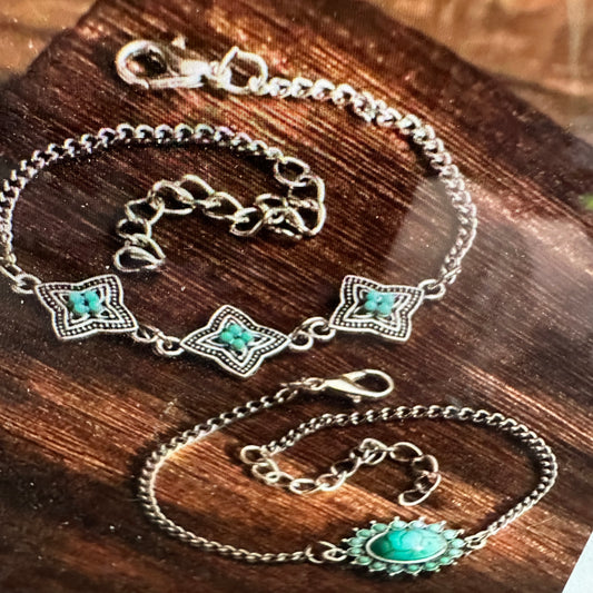 Bohemian Vintage Turquoise and Stainless Steel Floral Bracelet Set