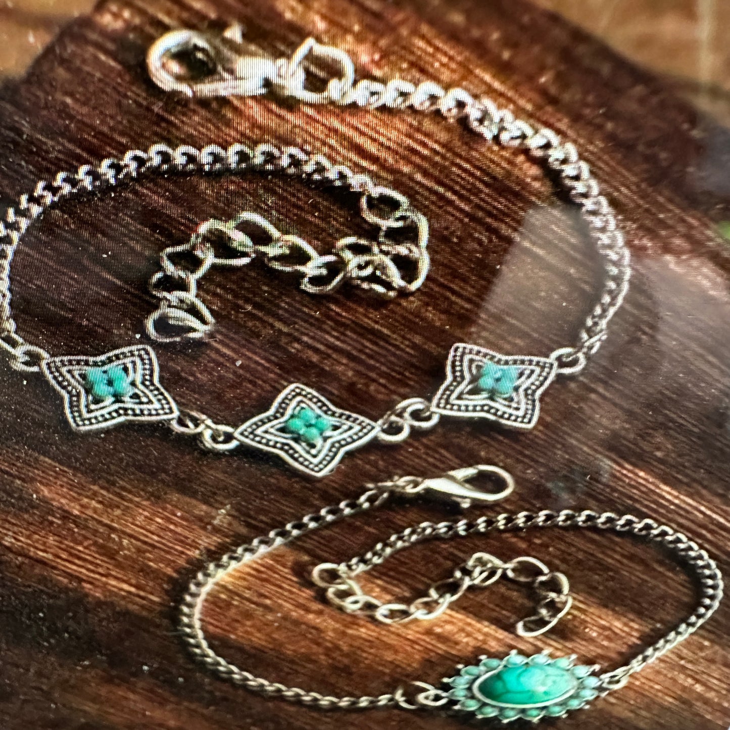 Bohemian Vintage Turquoise and Stainless Steel Floral Bracelet Set