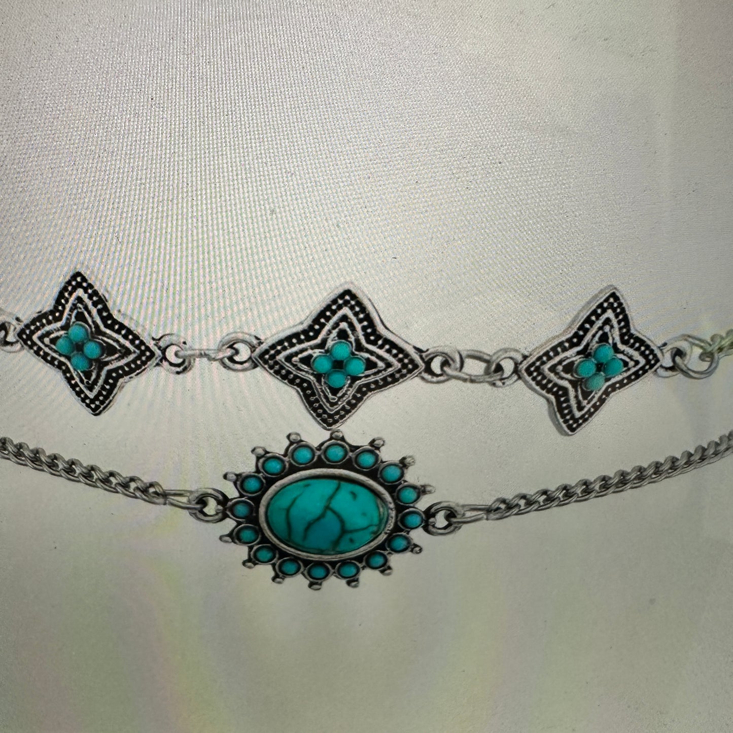 Bohemian Vintage Turquoise and Stainless Steel Floral Bracelet Set