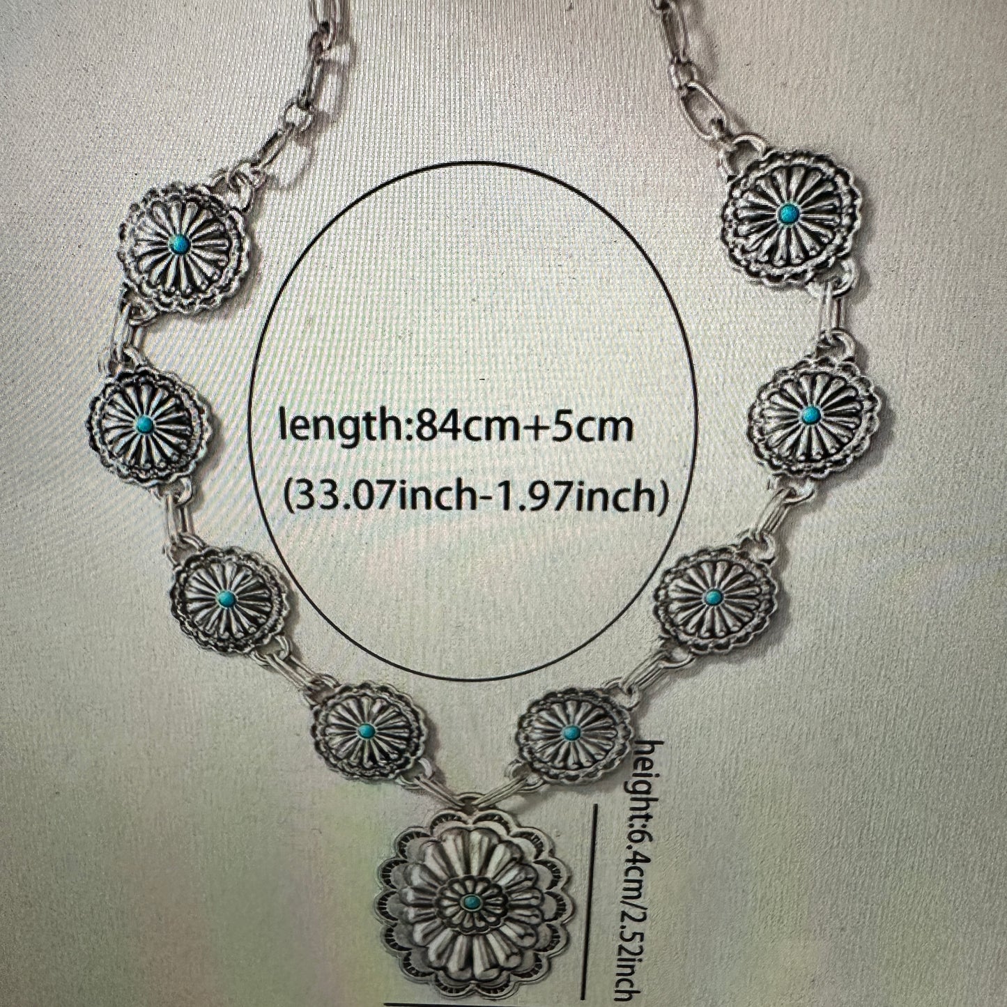 Southwestern Boho Cowgirl Concho Necklace with Turquoise Gem, Includes Gift Box