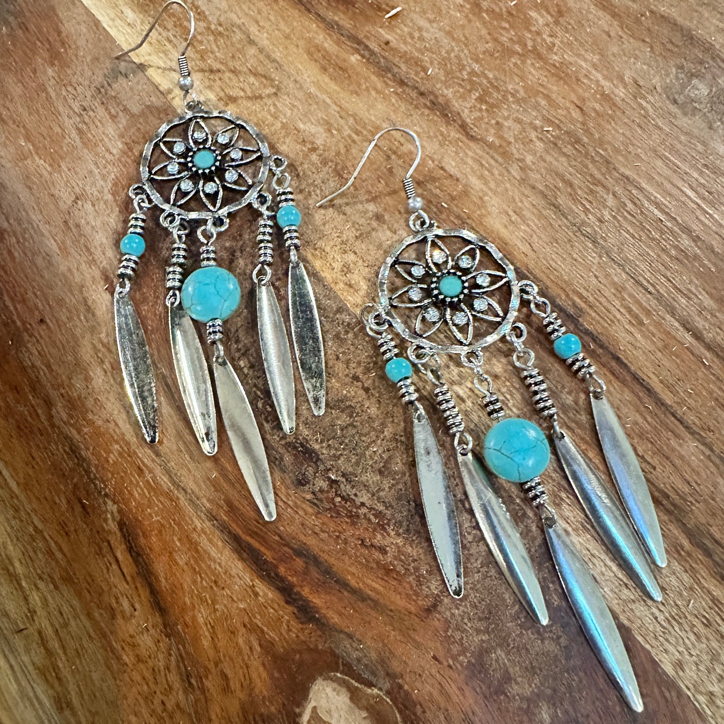 Bohemian Hippie Chic Dream Catcher Feather Drop Earrings featuring delicate silver feathers, dream catcher details, and lightweight design, ships in a gift box- Sliver Elegant