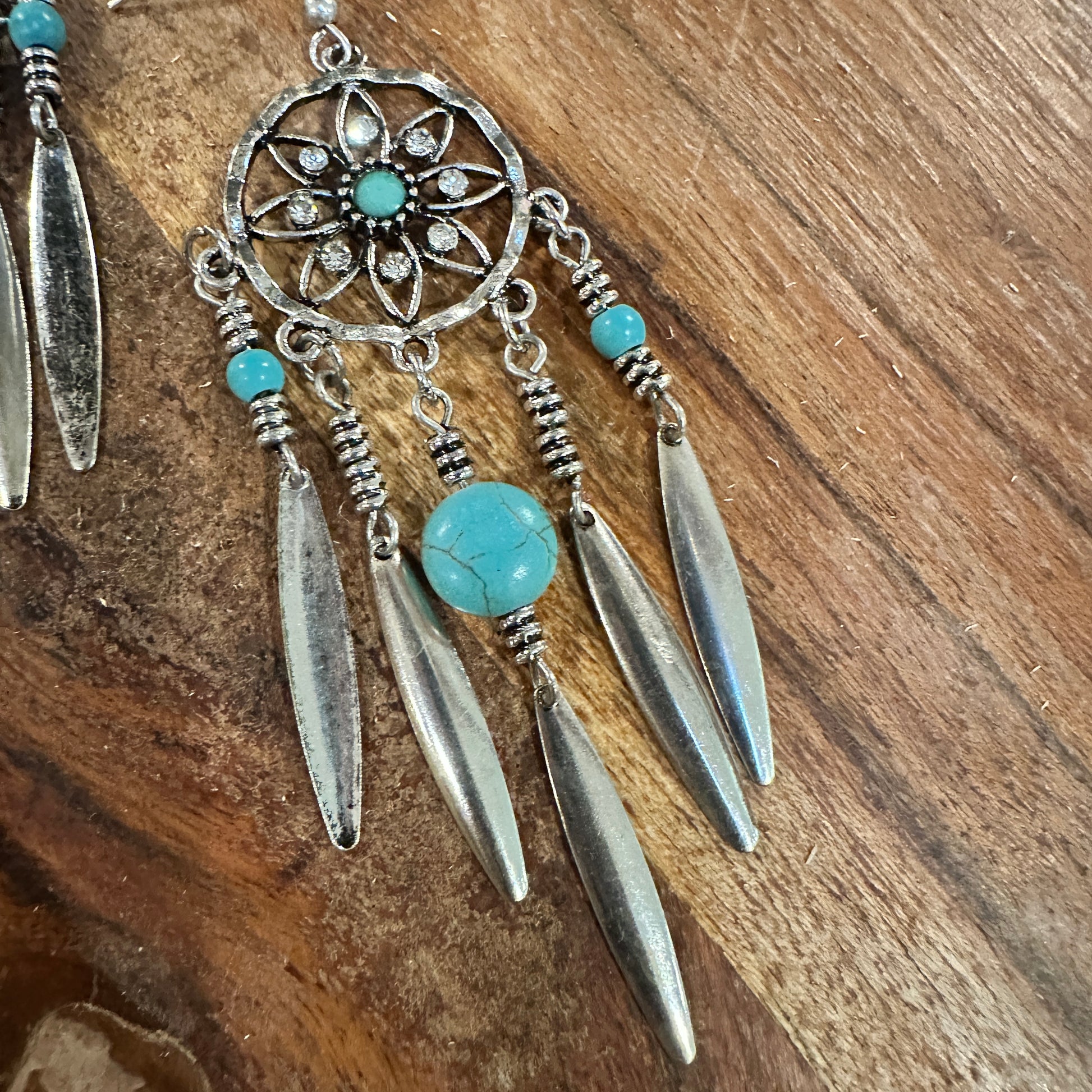 Bohemian Hippie Chic Dream Catcher Feather Drop Earrings featuring delicate silver feathers, dream catcher details, and lightweight design, ships in a gift box- Sliver Elegant