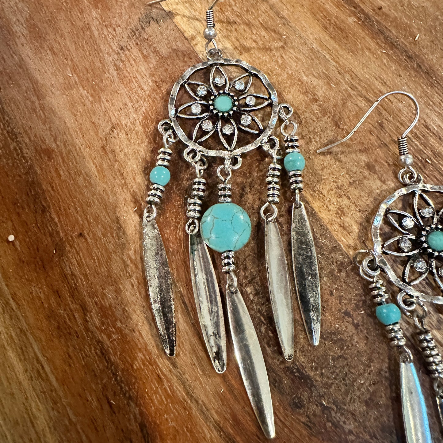 Bohemian Hippie Chic Dream Catcher Feather Drop Earrings featuring delicate silver feathers, dream catcher details, and lightweight design, ships in a gift box- Sliver Elegant