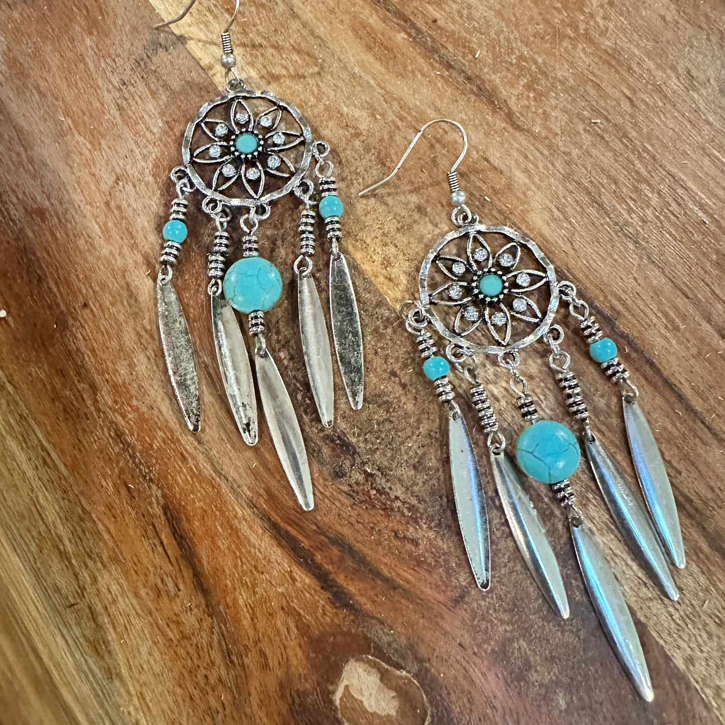 Bohemian Hippie Chic Dream Catcher Feather Drop Earrings featuring delicate silver feathers, dream catcher details, and lightweight design, ships in a gift box- Sliver Elegant