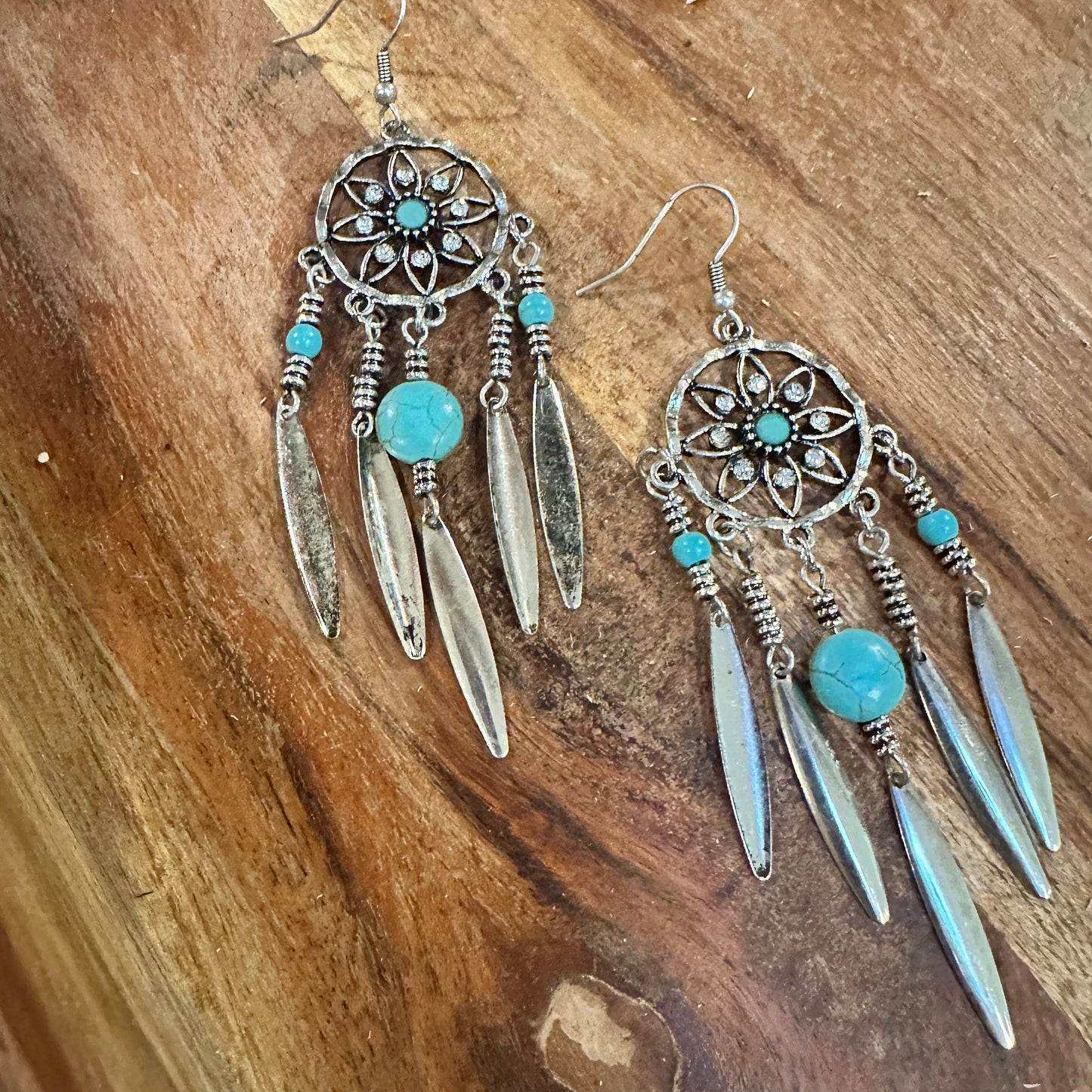 Bohemian Hippie Chic Dream Catcher Feather Drop Earrings featuring delicate silver feathers, dream catcher details, and lightweight design, ships in a gift box- Sliver Elegant